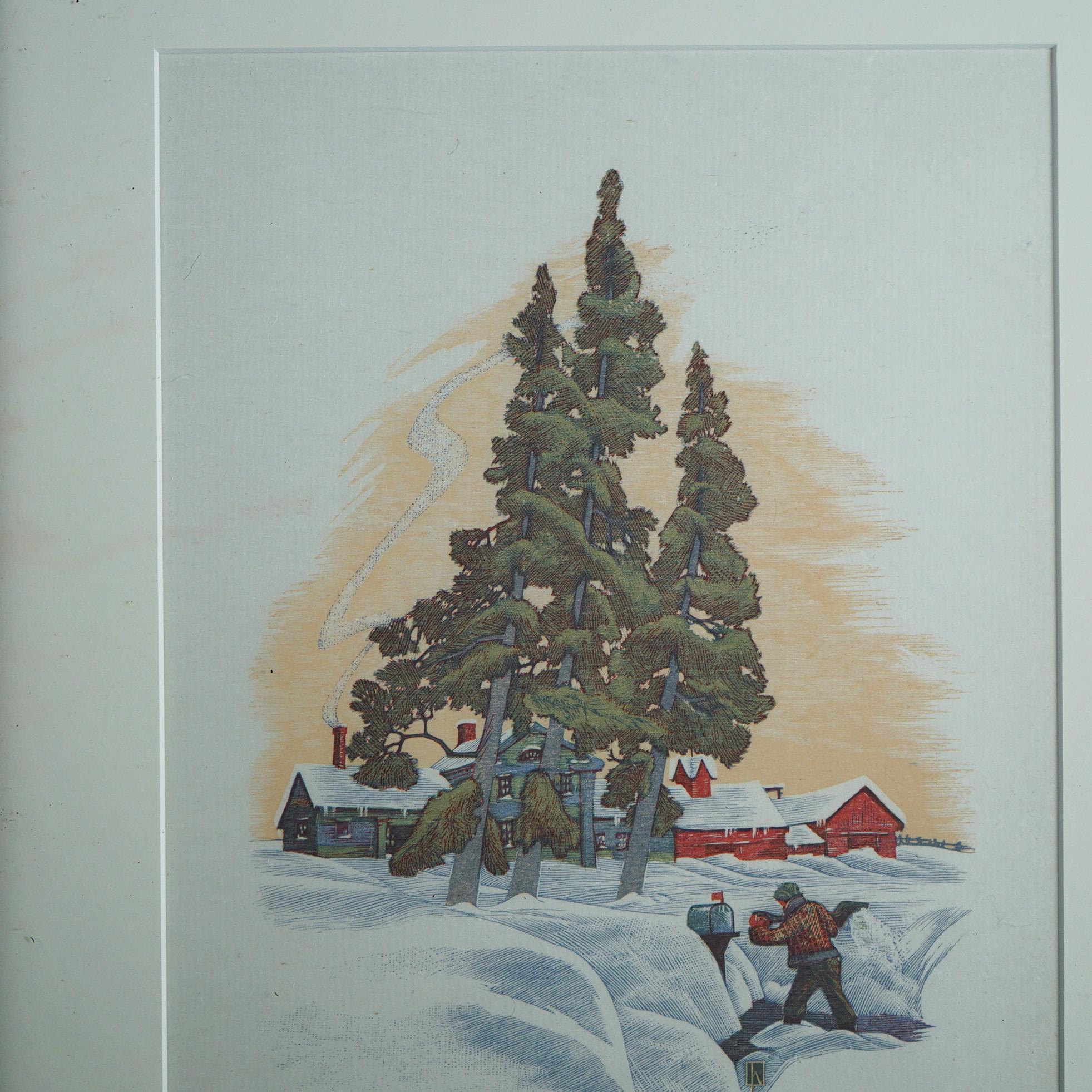 James Haven Print “Three Cedars” Winter Farm Scene Signed & Numbered C1945 In Good Condition For Sale In Big Flats, NY