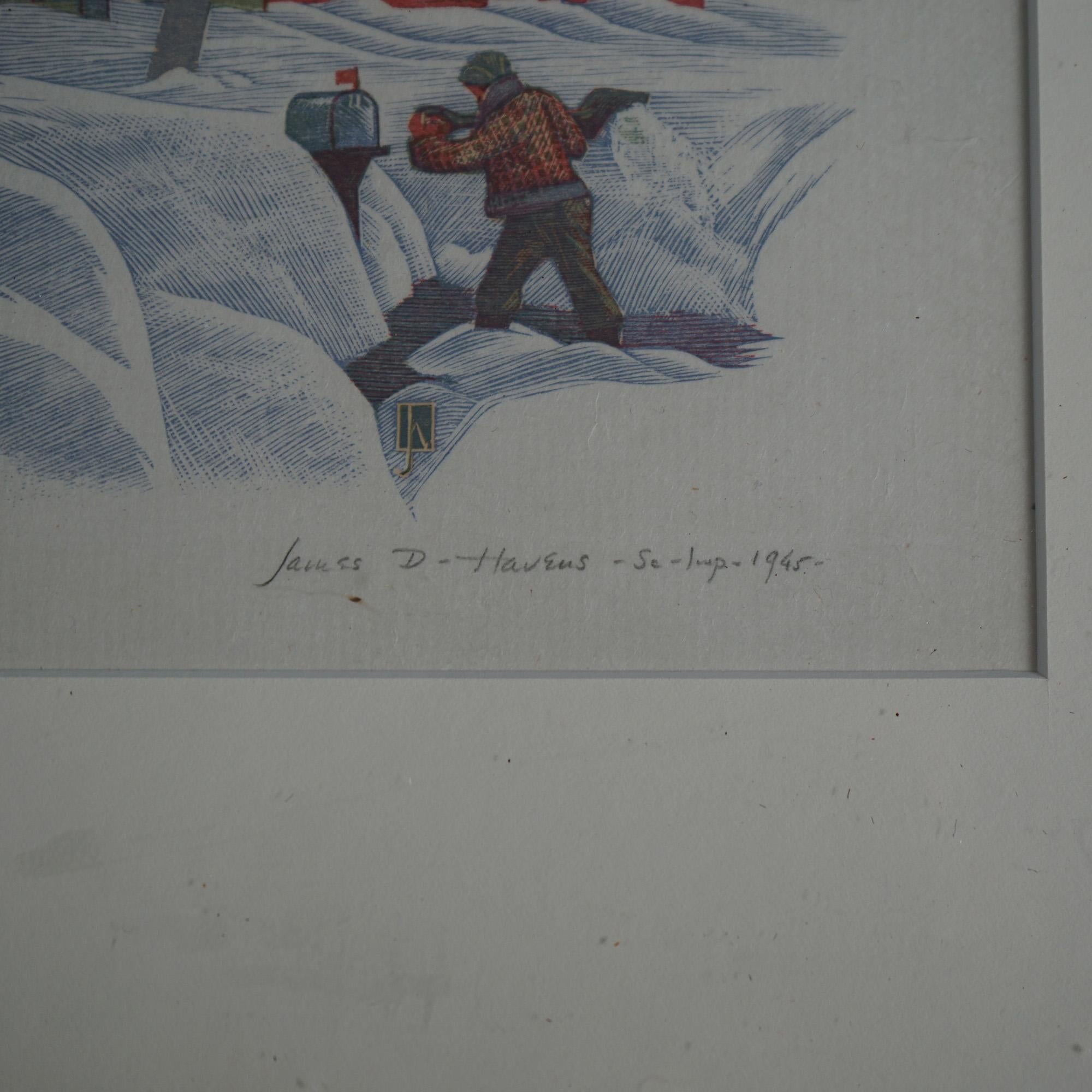 20th Century James Haven Print “Three Cedars” Winter Farm Scene Signed & Numbered C1945 For Sale