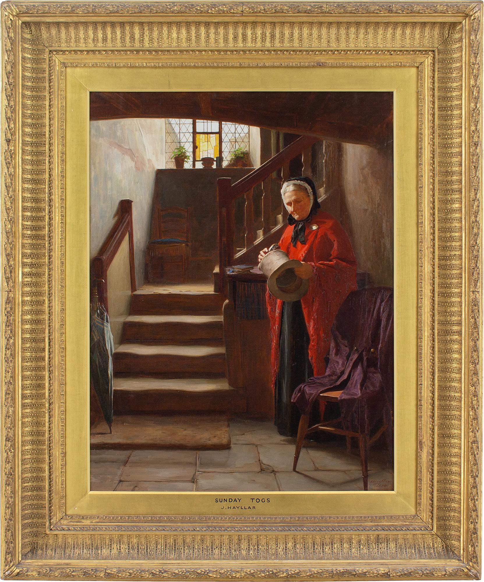 This late 19th-century oil painting by British artist James Hayllar (1829-1920) depicts an elderly woman standing by a flight of stairs while brushing a top hat. It was shown at an exhibition of The Society of British Artists at Suffolk Street,