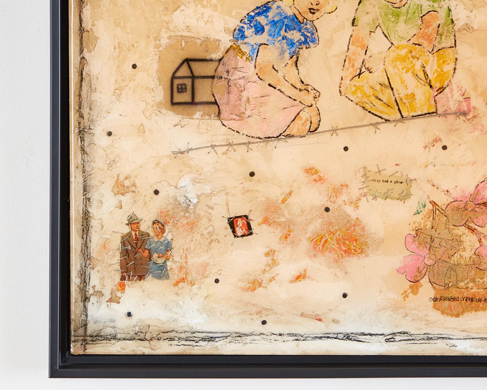Fascinating mixed media collage on panel by James Henderson (American 20th century). The painting has images and textures on a panel that has been encased in resin giving it a molten glass effect. Art measures 24 inches by 24 inches and is set in a