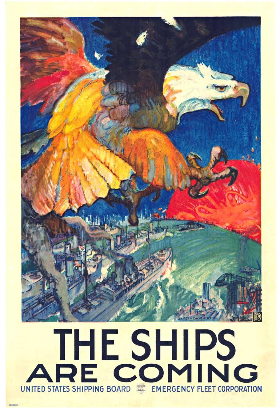 James Henry Daugherty Landscape Print - Original "The Ships Are Coming" vintage American poster with an Eagle.