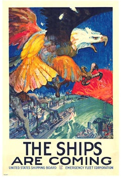 Original "The Ships Are Coming" vintage American poster with an Eagle.