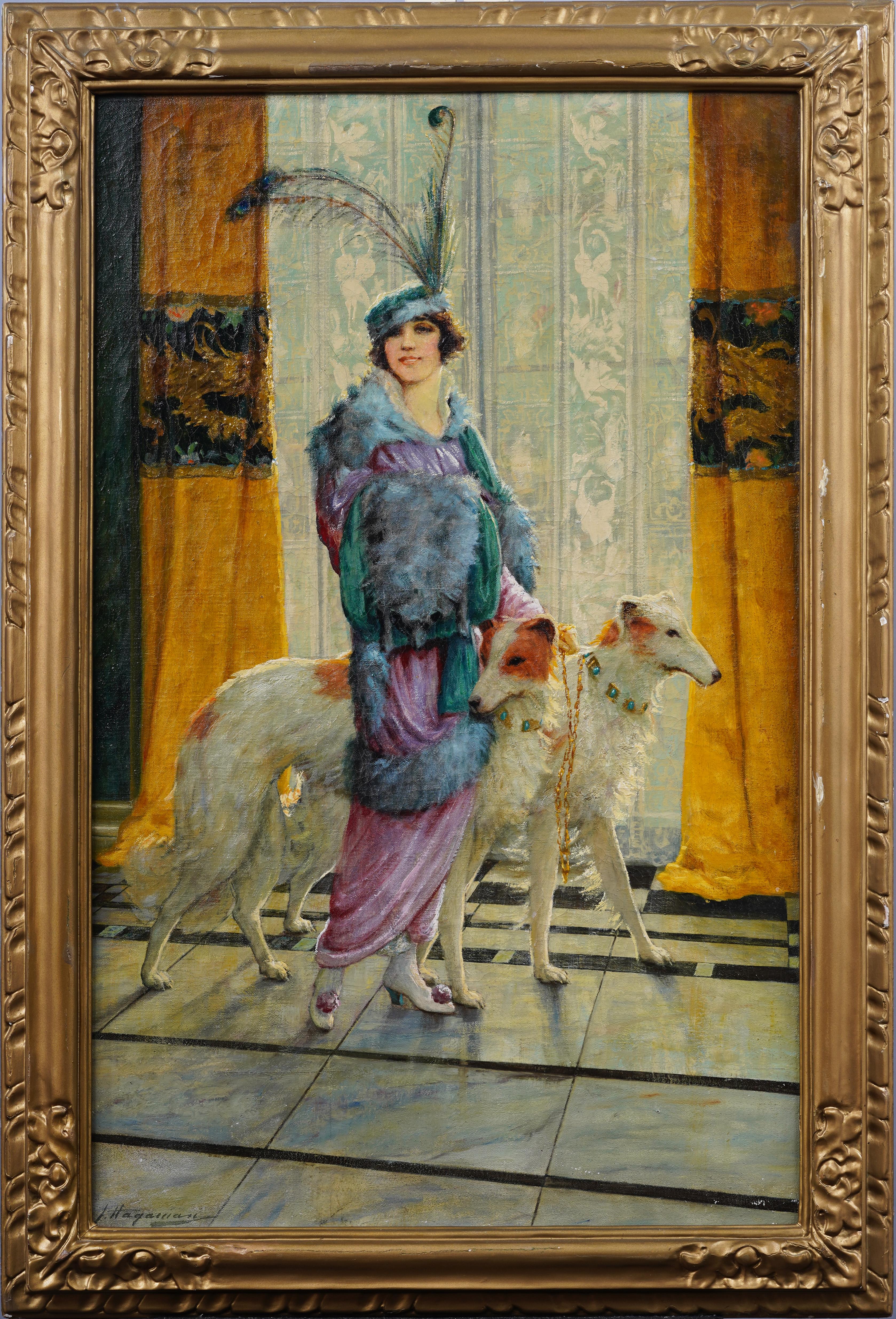 Antico ritratto di cane borzoi firmato dall'impressionista americano, dipinto ad olio con cornice - Painting di James Henry Hagaman (1866 - 1946)