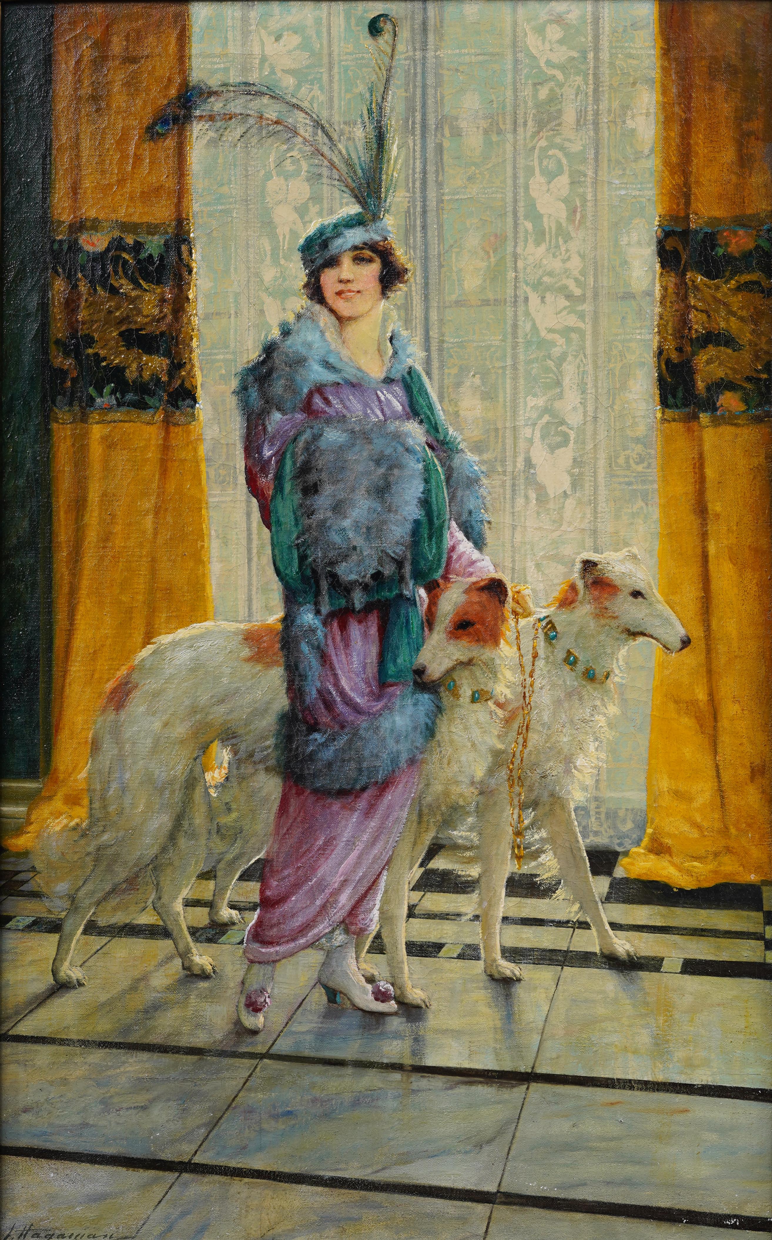 Antico ritratto di cane borzoi firmato dall'impressionista americano, dipinto ad olio con cornice - Painting Impressionismo di James Henry Hagaman (1866 - 1946)