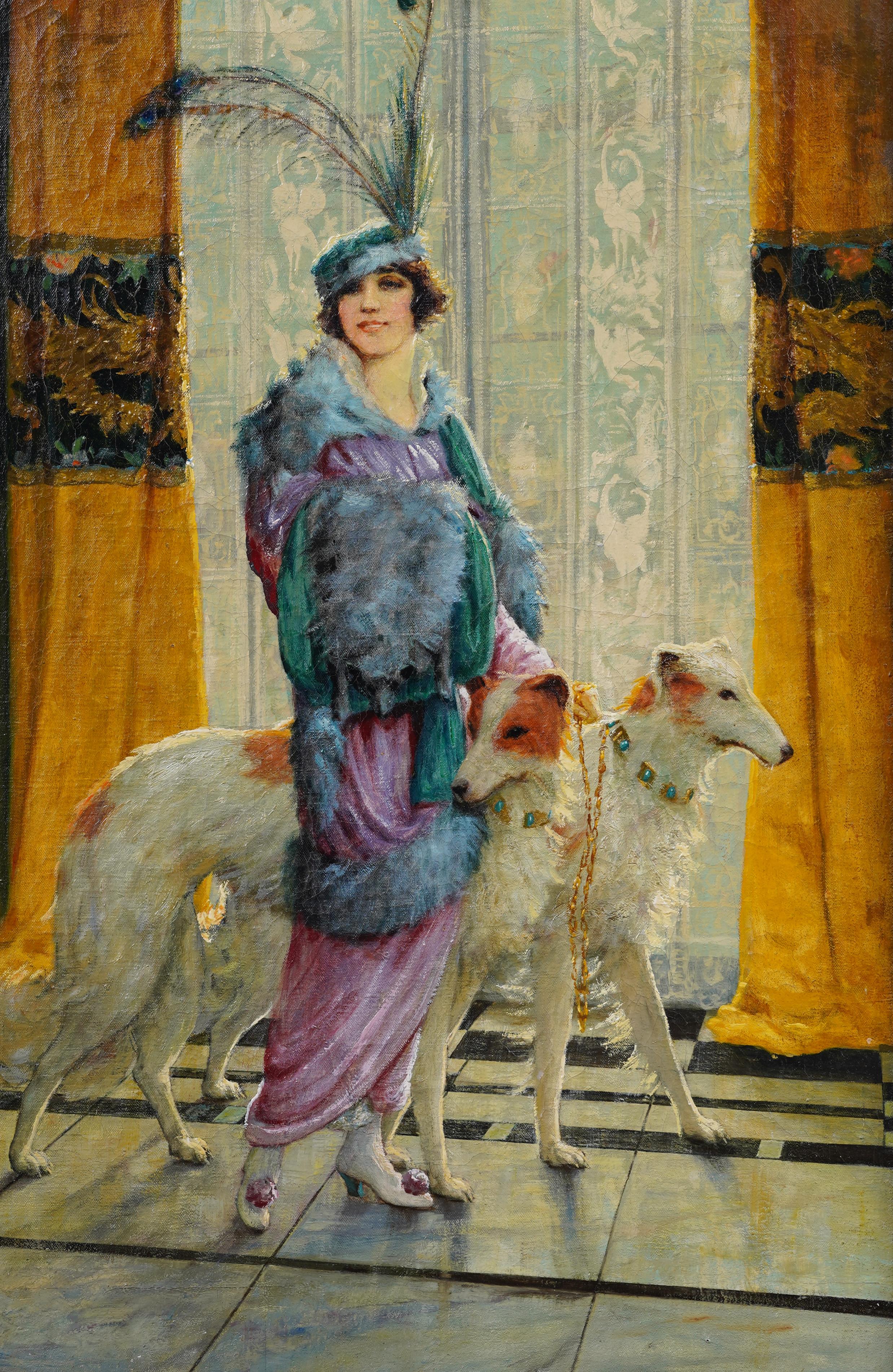 Antico ritratto di cane borzoi firmato dall'impressionista americano, dipinto ad olio con cornice - Animal Painting Marrone di James Henry Hagaman (1866 - 1946)