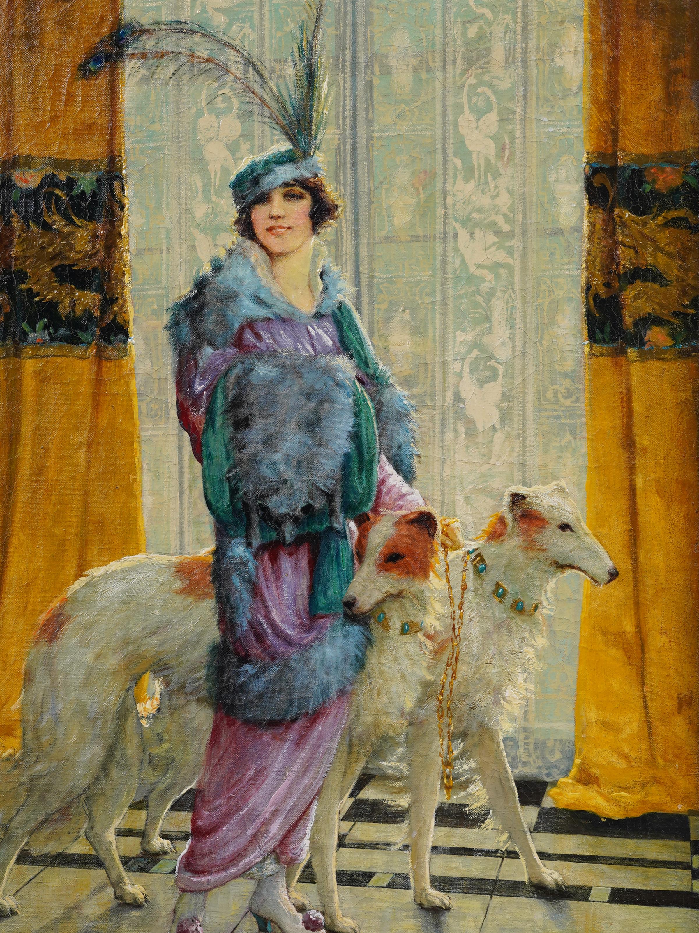 Antico ritratto di cane borzoi firmato dall'impressionista americano, dipinto ad olio con cornice in vendita 1