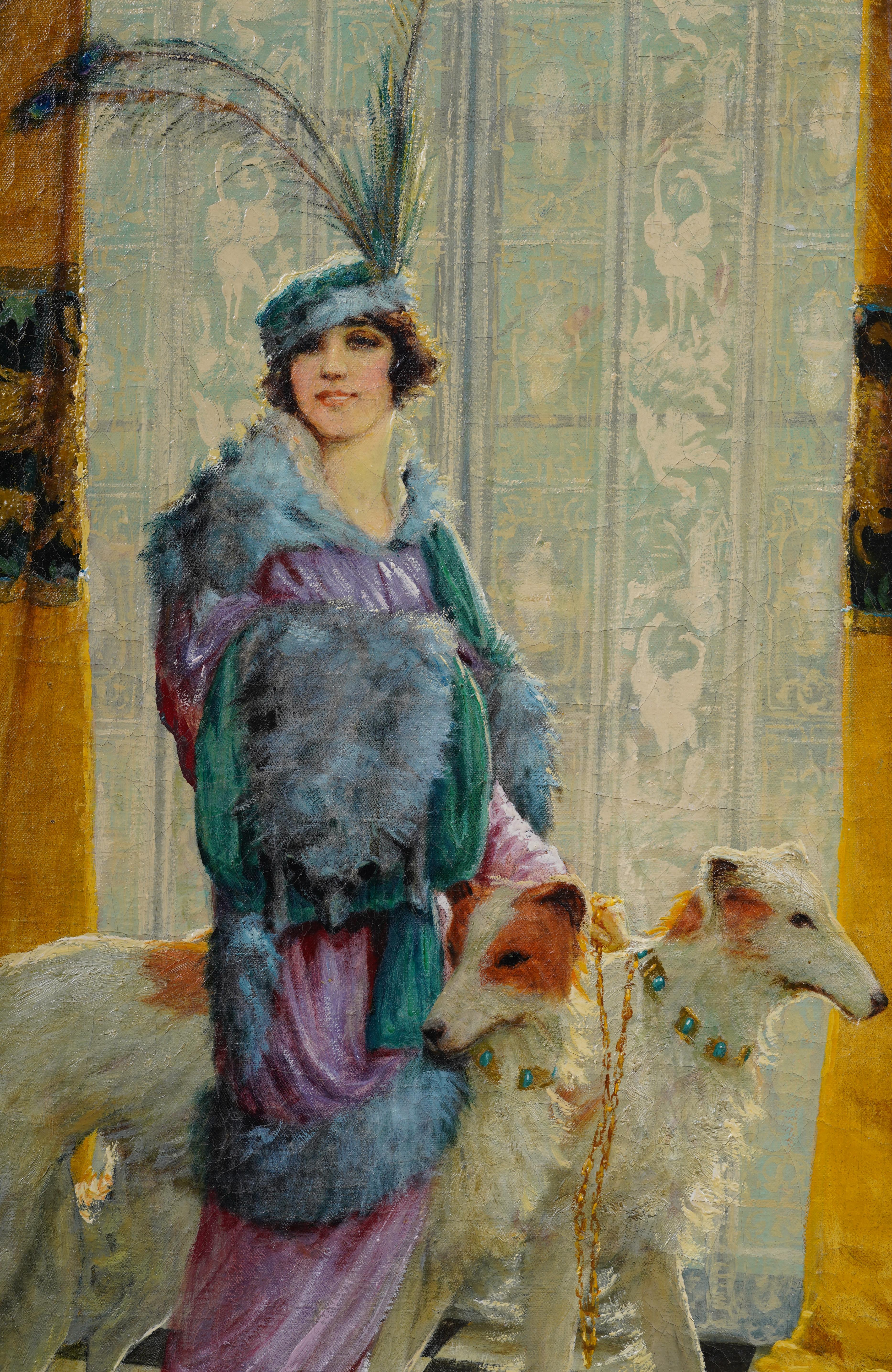Antico ritratto di cane borzoi firmato dall'impressionista americano, dipinto ad olio con cornice in vendita 3
