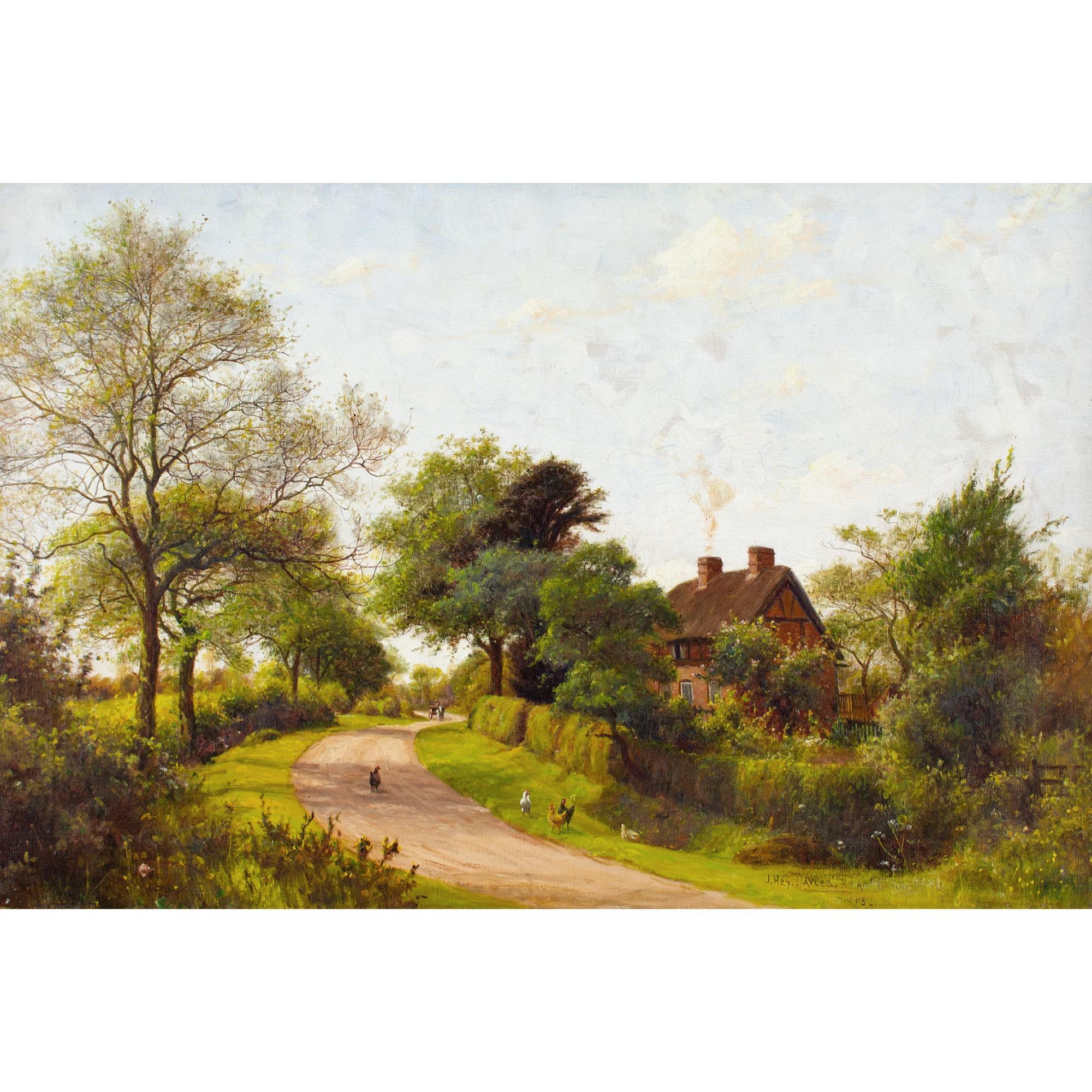 This early-20th-century oil painting by British artist James Hey Davies RCA (1844-1930) depicts a Summer's morning in the enchanting British countryside.

Under the buoyant glow of an early sun, the glorious environs of a picturesque setting come