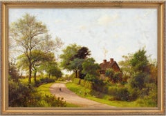 Antique James Hey Davies RCA, Rural Lane With Cottage & Chickens, Oil Painting