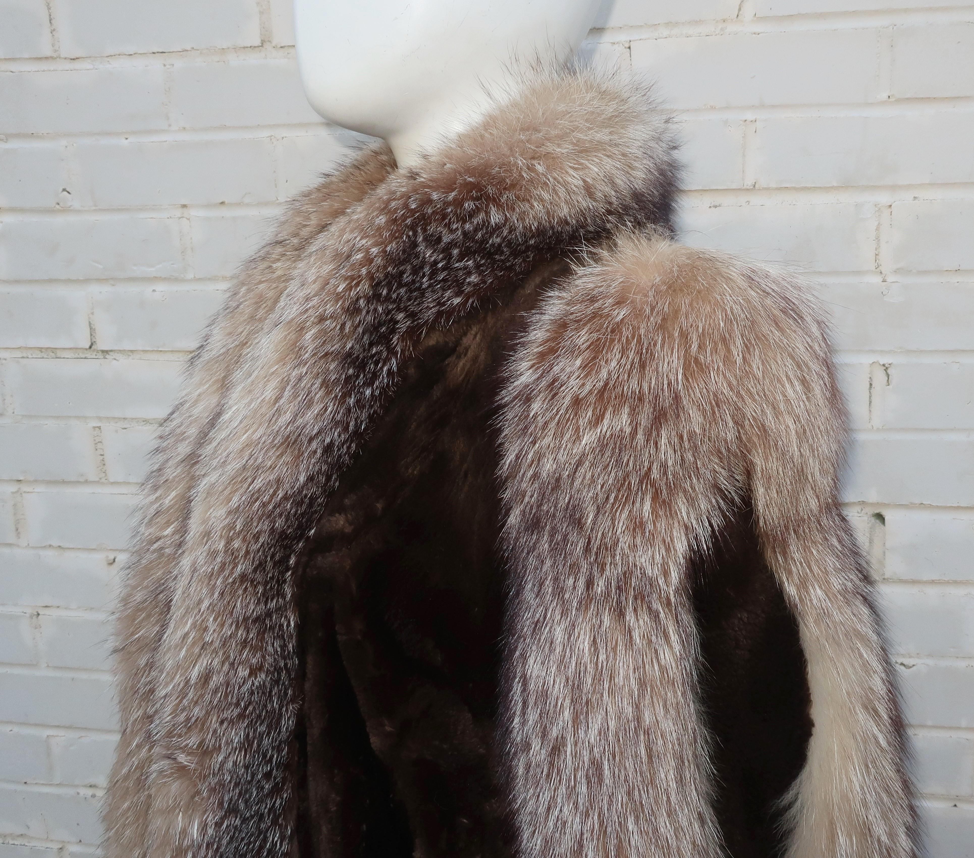 James Hirsch Brown Sheared Beaver & Coyote Fur Jacket Coat, 1980's 2