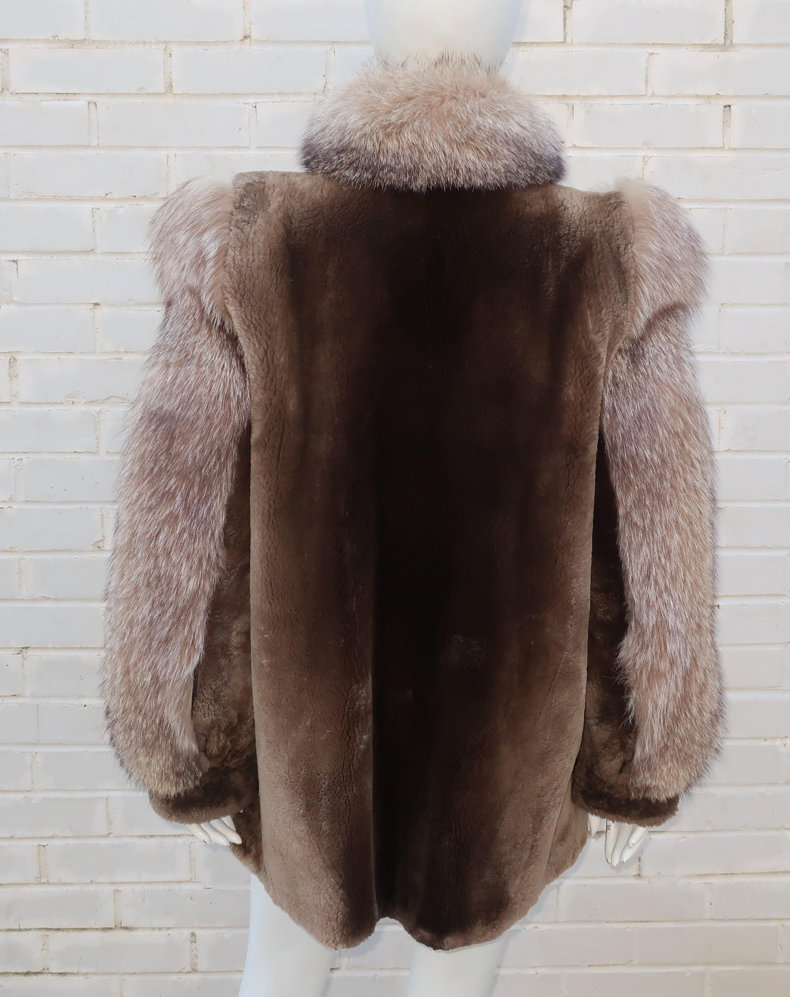 James Hirsch Brown Sheared Beaver & Coyote Fur Jacket Coat, 1980's 4