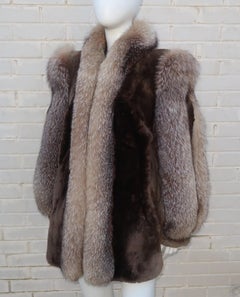 James Hirsch Brown Sheared Beaver & Coyote Fur Jacket Coat, 1980's