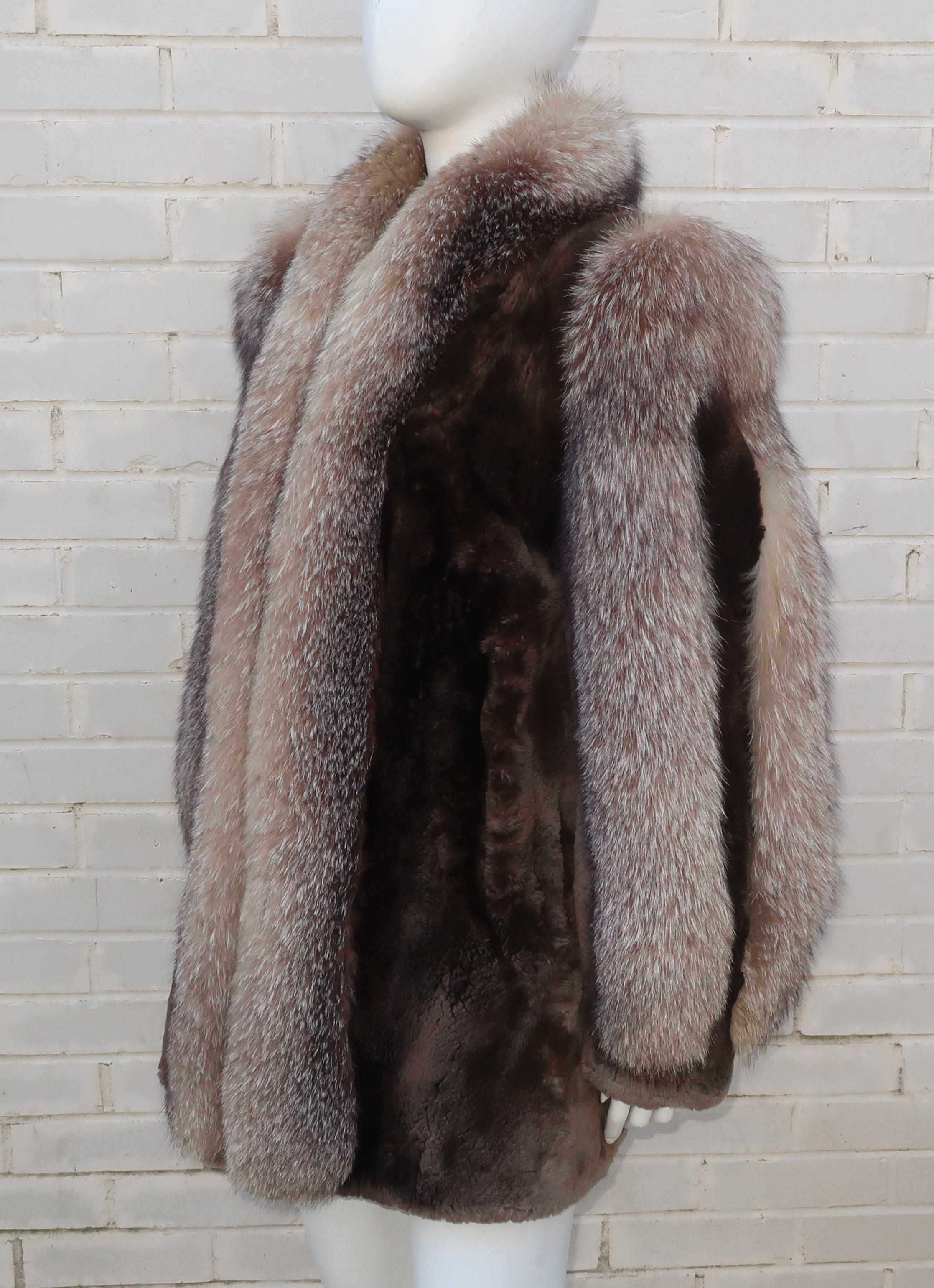 Women's James Hirsch Brown Sheared Beaver & Coyote Fur Jacket Coat, 1980's