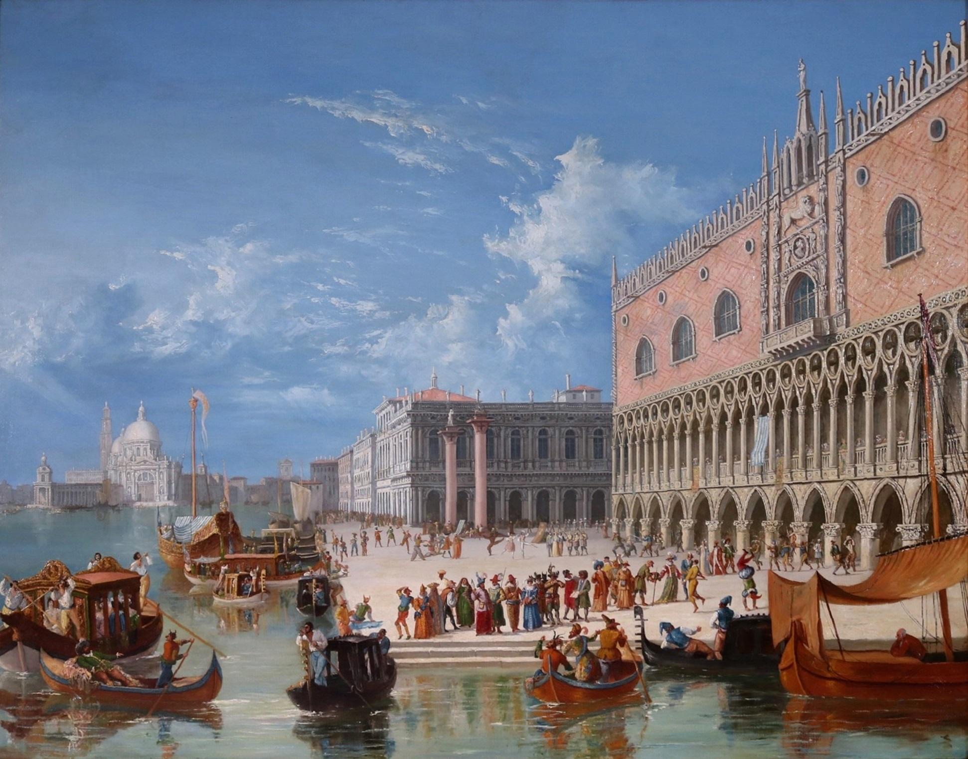 ‘Carnevale di Venezia’ by James Holland RWS (1799-1870).

The painting – which depicts an extensive view of the Grand Canal with hundreds of masked revellers before the Ducal Palace at the entrance to St. Mark’s Square – hangs in a fine quality gold