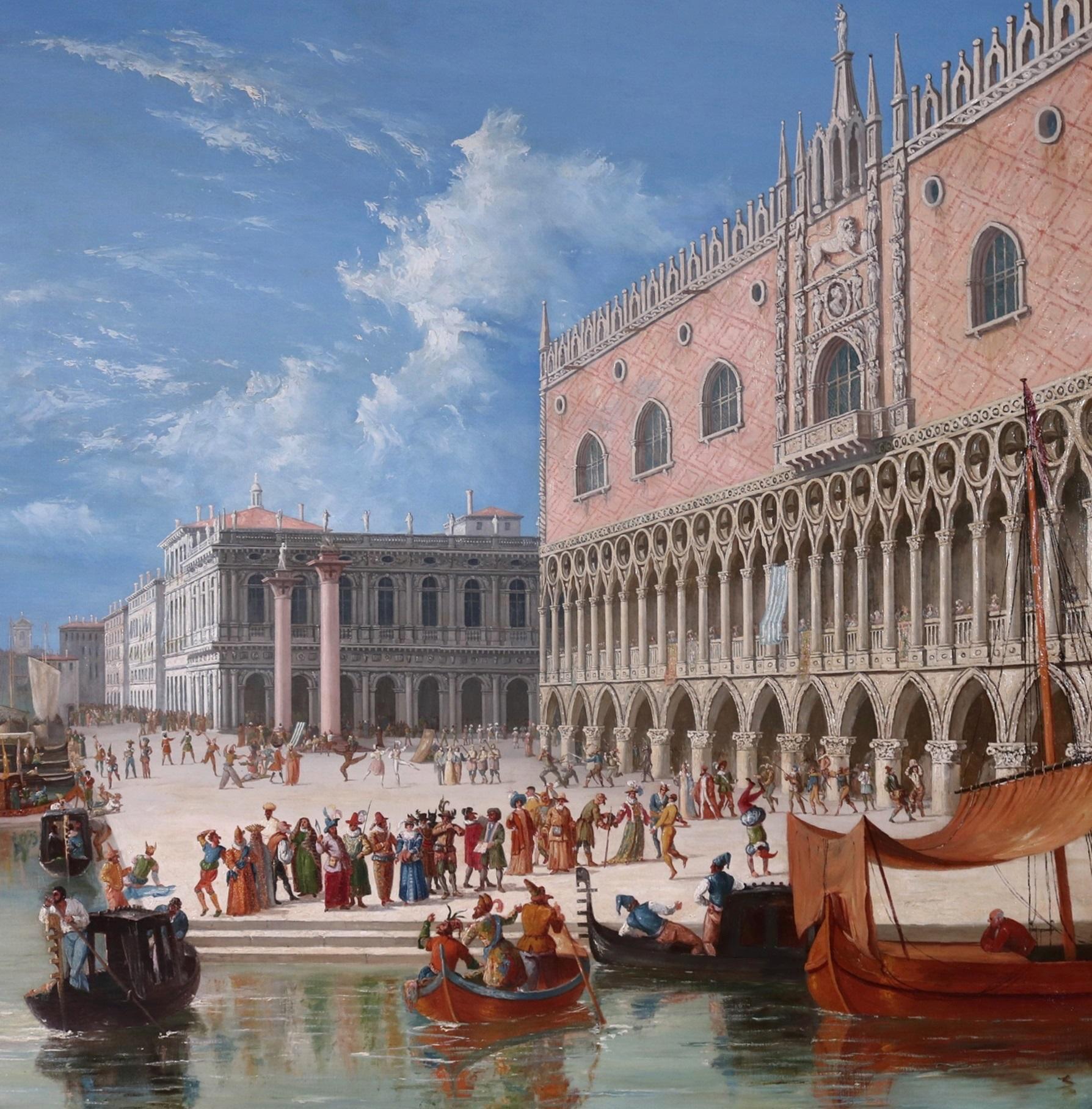 Carnevale di Venezia - Grande peinture à l'huile du 19e siècle représentant le carnaval de Venise, Italie - Gris Figurative Painting par James Holland