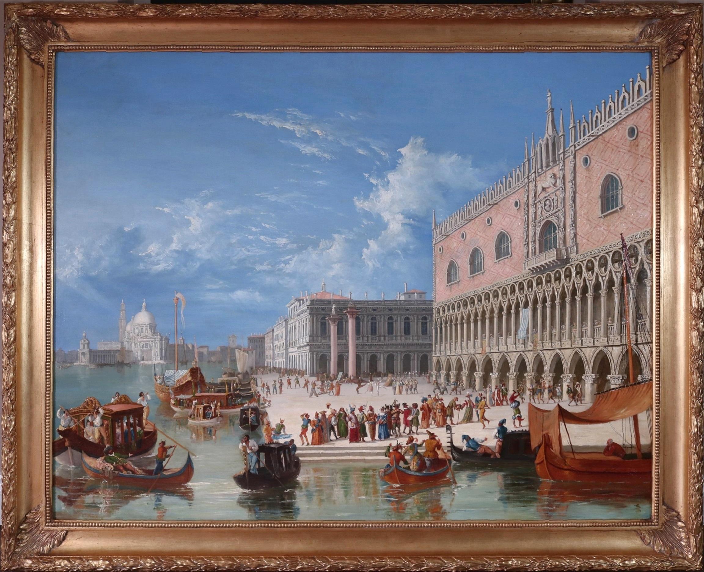 ‘Carnevale di Venezia’ by James Holland RWS (1799-1870).

The painting – which depicts an extensive view of the Grand Canal with hundreds of masked revellers before the Ducal Palace at the entrance to St. Mark’s Square – hangs in a fine quality gold