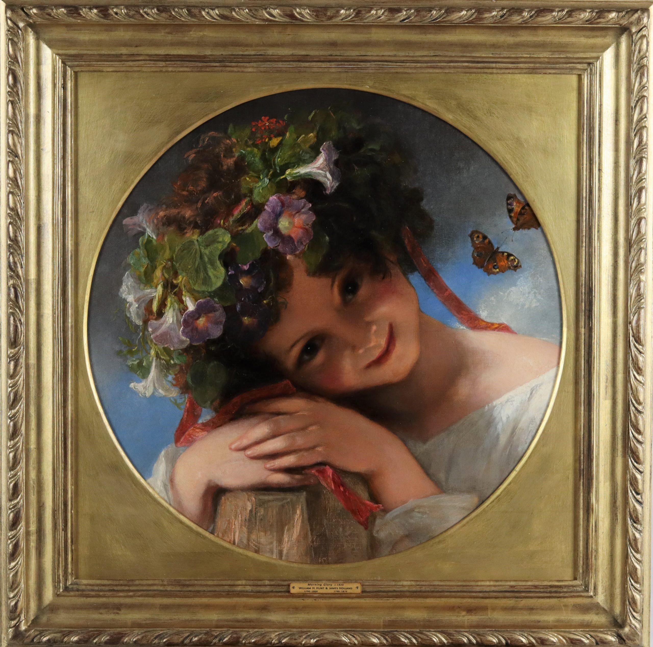 Porträt eines bezaubernden jungen Mädchens, das eine Girlande aus Morgenblumen trägt – Painting von James Holland