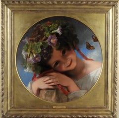 Portrait of an Enchanting Young Girl Wearing a Garland of Morning Glory Flowers