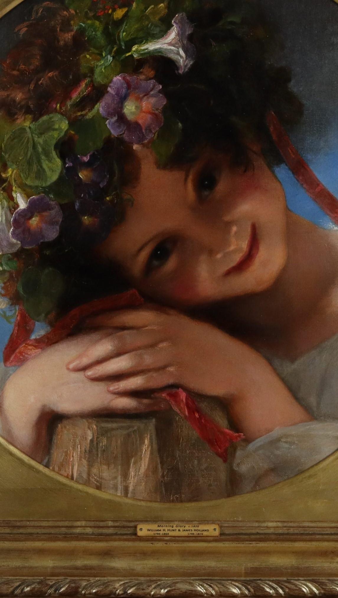 Porträt eines bezaubernden jungen Mädchens, das eine Girlande aus Morgenblumen trägt (Präraphaelismus), Painting, von James Holland