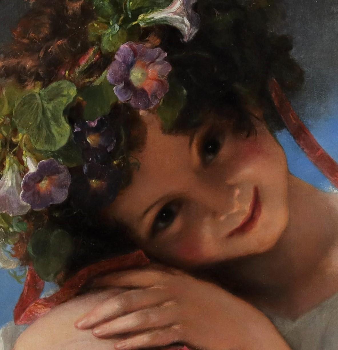 Attributed to James Holland (1799 -1870) and William Henry Hunt (1790-1864)

A Portrait of a Young Girl Wearing a Garland of Morning Glory Flowers

Oil on canvas: 17 ½ x 18 in. Frame: 23 ½ x 24 in. Circa 1820

An enchanting head and shoulders