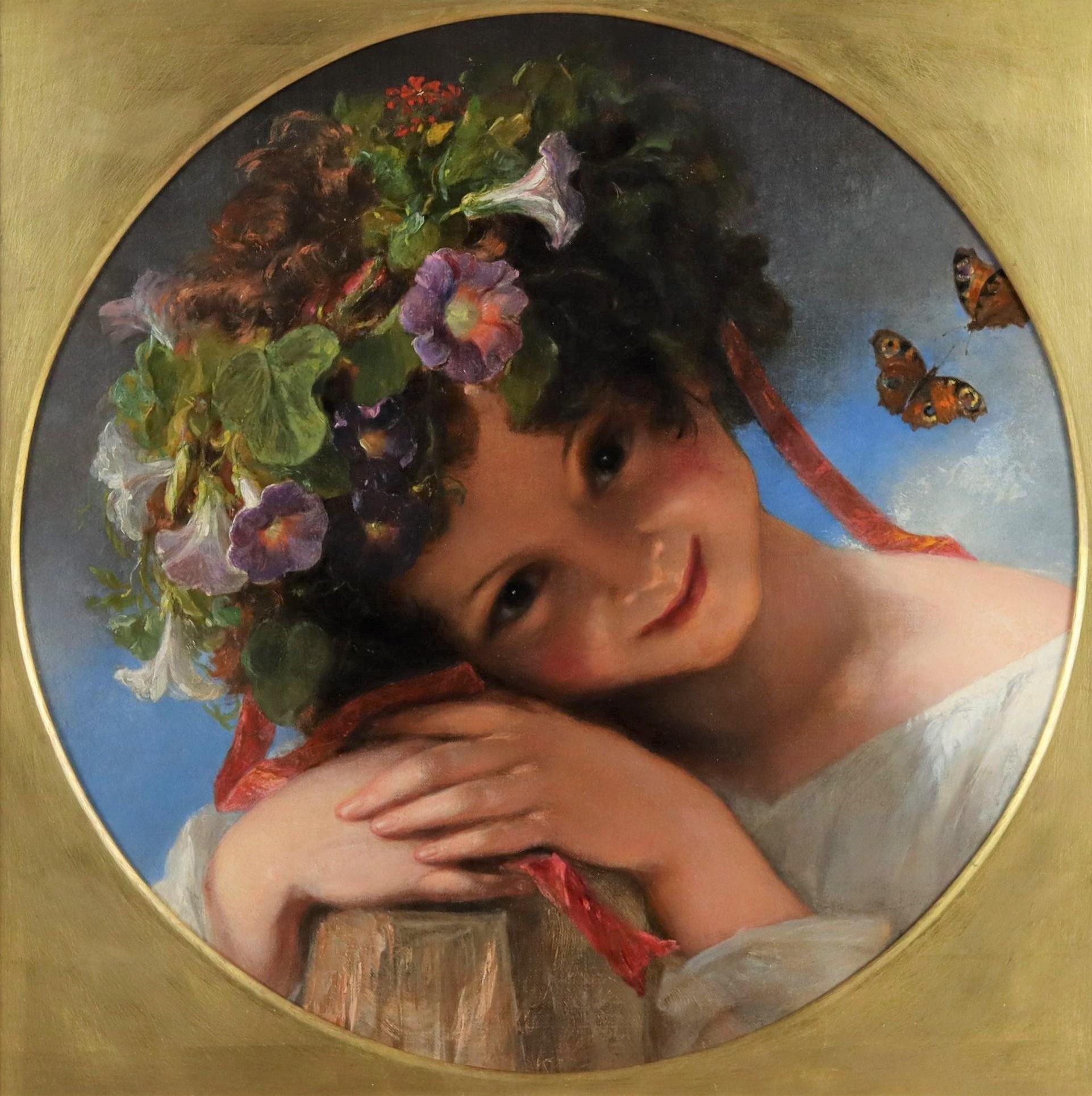 Portrait Painting James Holland - Portrait d'une jeune fille enchanteresse portant une guirlande de fleurs du matin