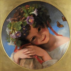 Portrait of an Enchanting Young Girl Wearing a Garland of Morning Glory Flowers