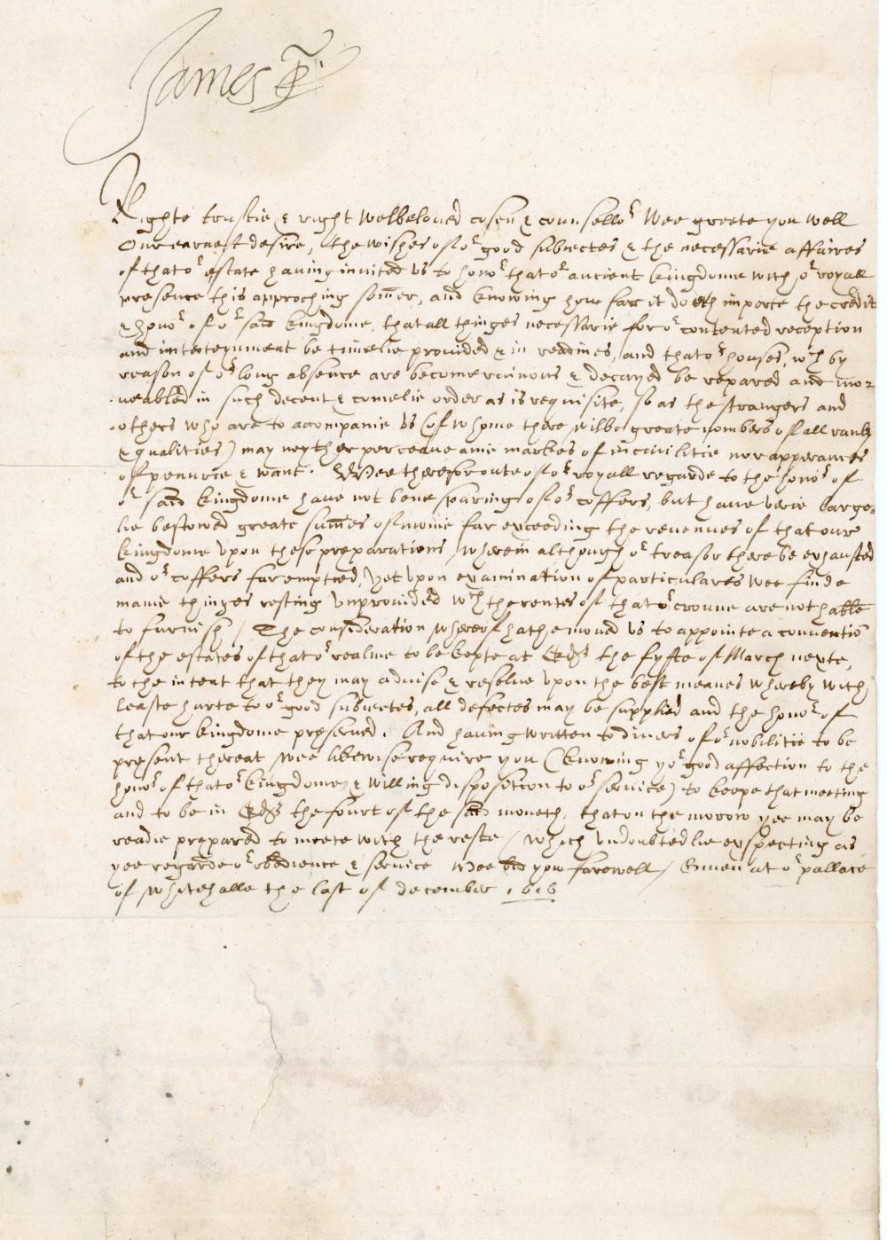 An official royal letter signed by King James I in 1616.
Regarding plans for his famous state visit to Scotland in 1617
James VI and I (1566 – 1625) was King of Scotland as James VI from 1567 and King of England and Ireland as James I from 1603