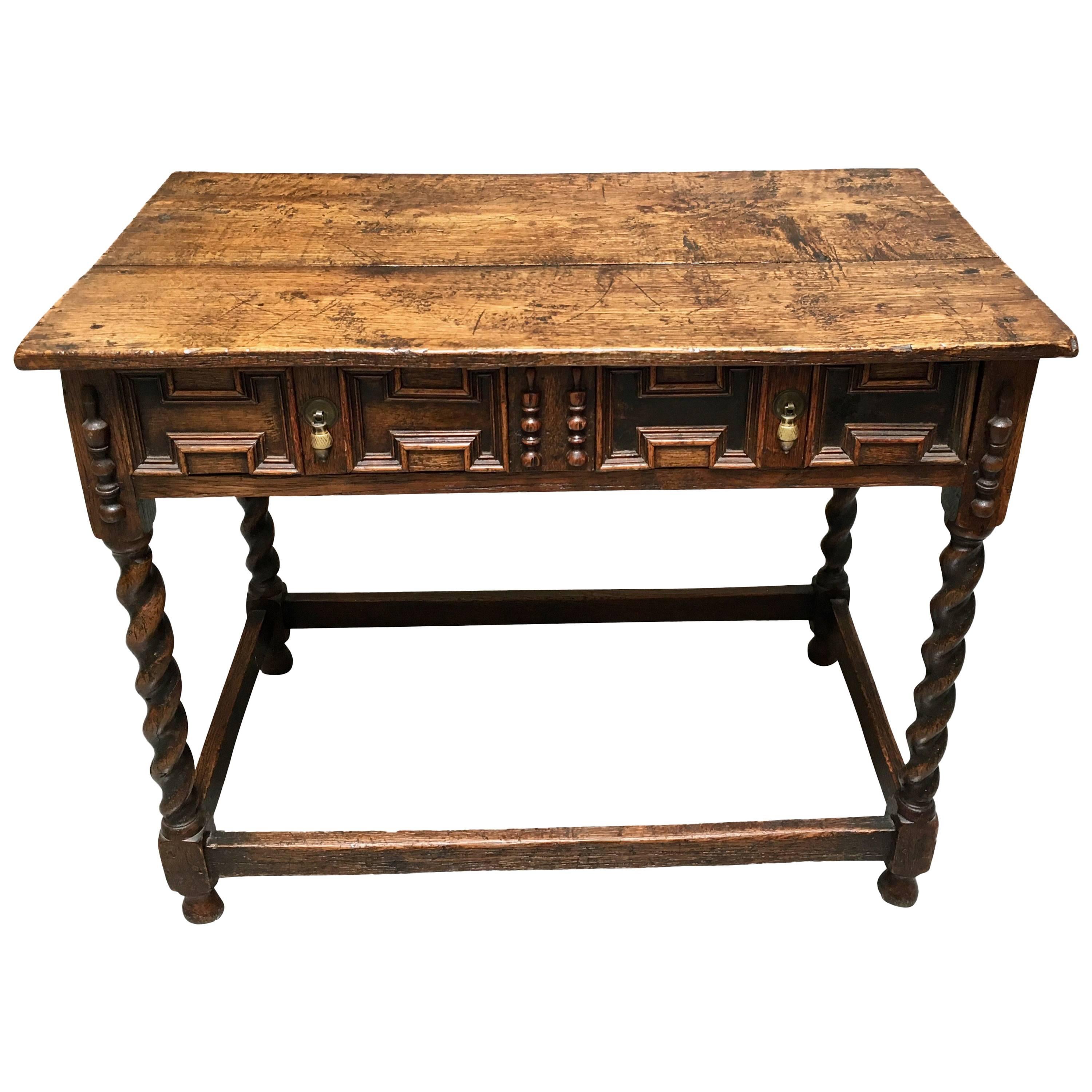 James II English Oak Side Table with Drawer