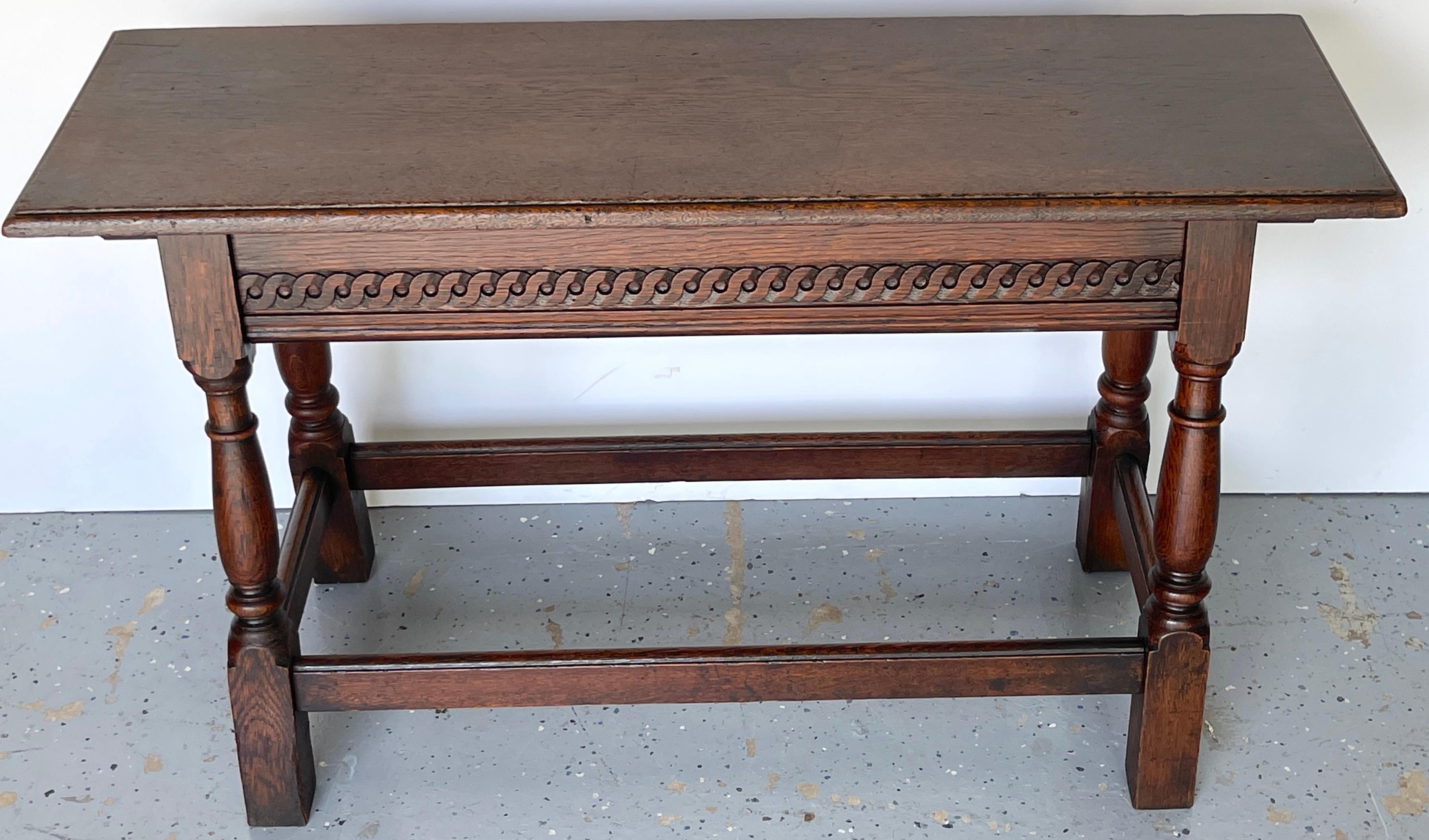 English James II Style Carved Oak Bench/ Side Table, England, 1920s  For Sale
