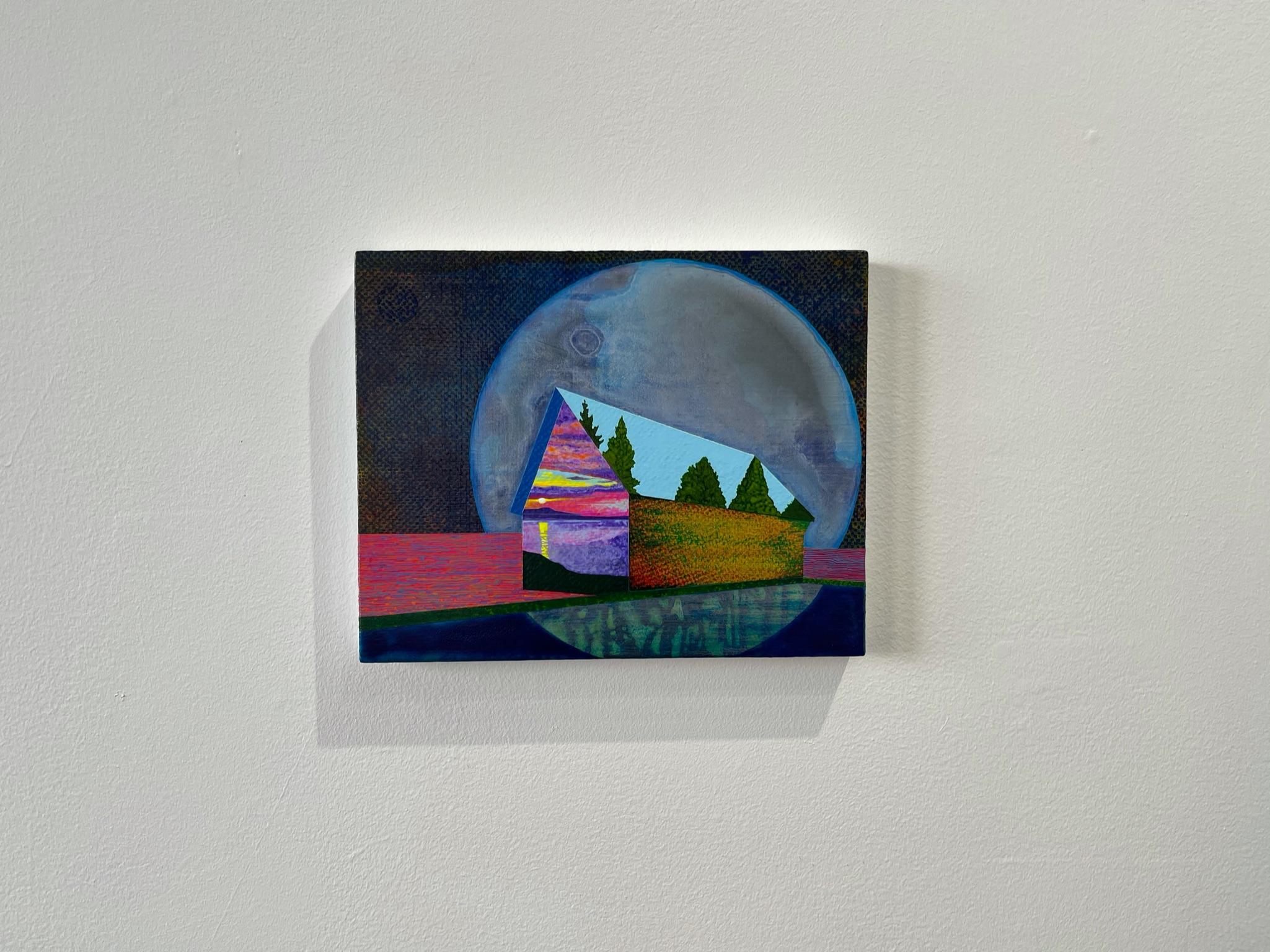 Apparition, surreal painting of house against purple moon, reflections 2