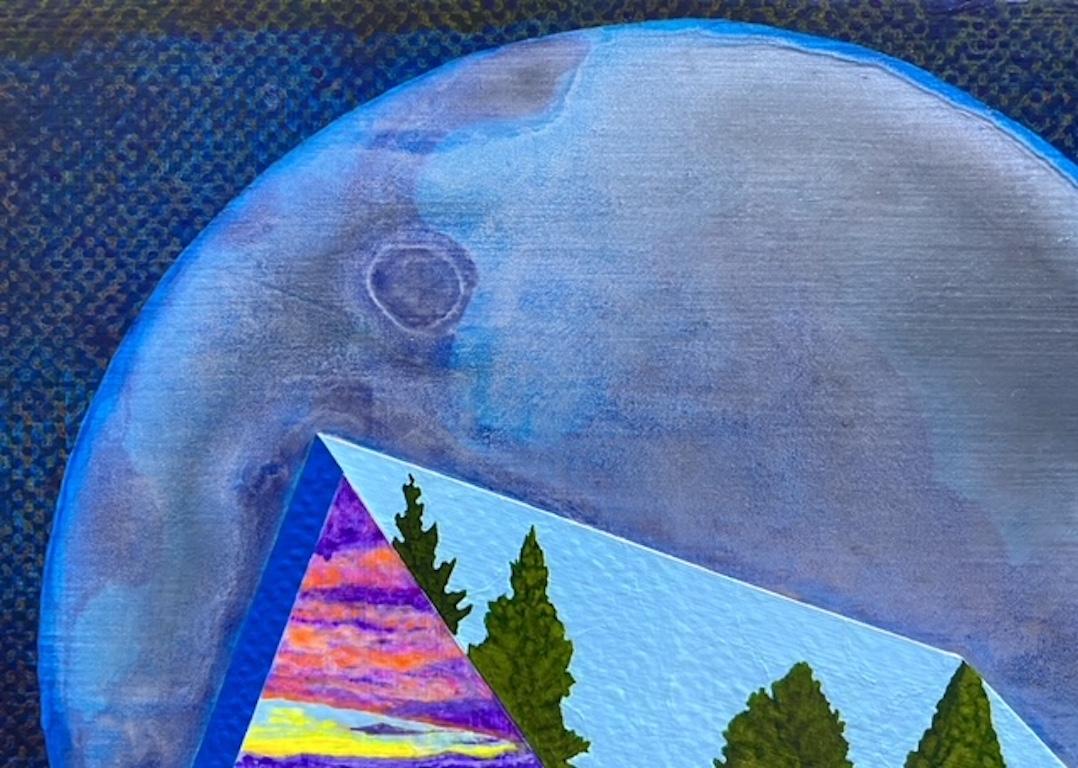 Apparition, surreal painting of house against purple moon, reflections - Purple Figurative Painting by James Isherwood