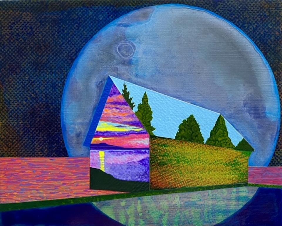 James Isherwood Figurative Painting - Apparition, surreal painting of house against purple moon, reflections