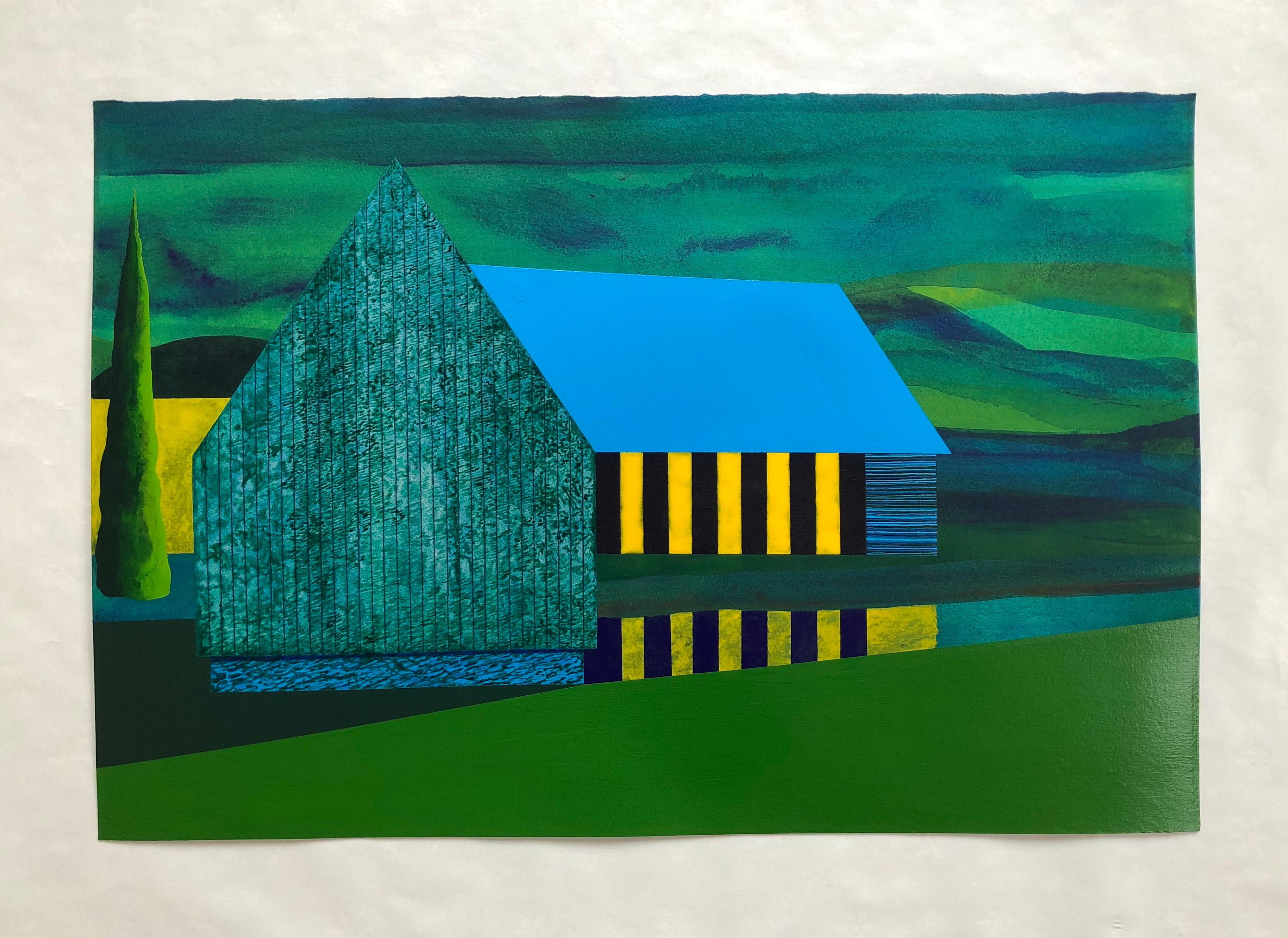 Blind Coast, blue and green architecture against sky, landscape painting - Painting by James Isherwood