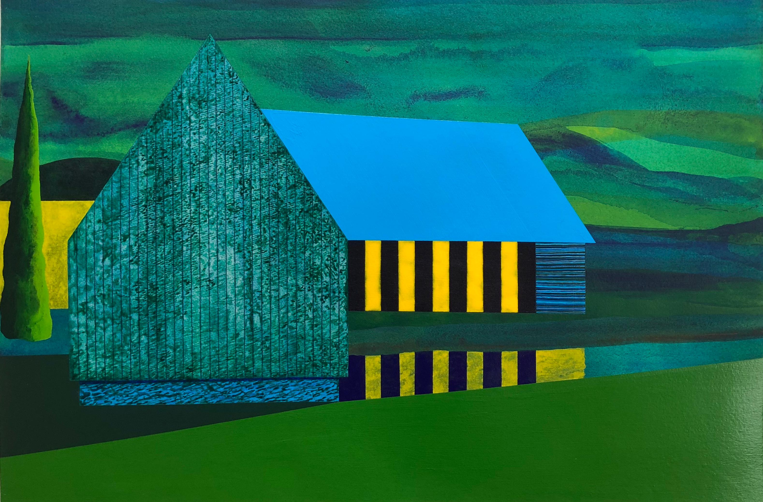 James Isherwood Figurative Painting - Blind Coast, blue and green architecture against sky, landscape painting