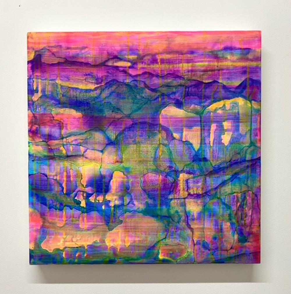 Canyon, vibrant landscape painting, neon pink and purple - Painting by James Isherwood