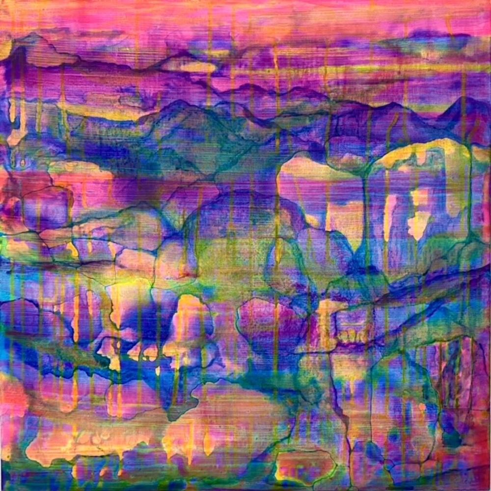 James Isherwood Landscape Painting - Canyon, vibrant landscape painting, neon pink and purple