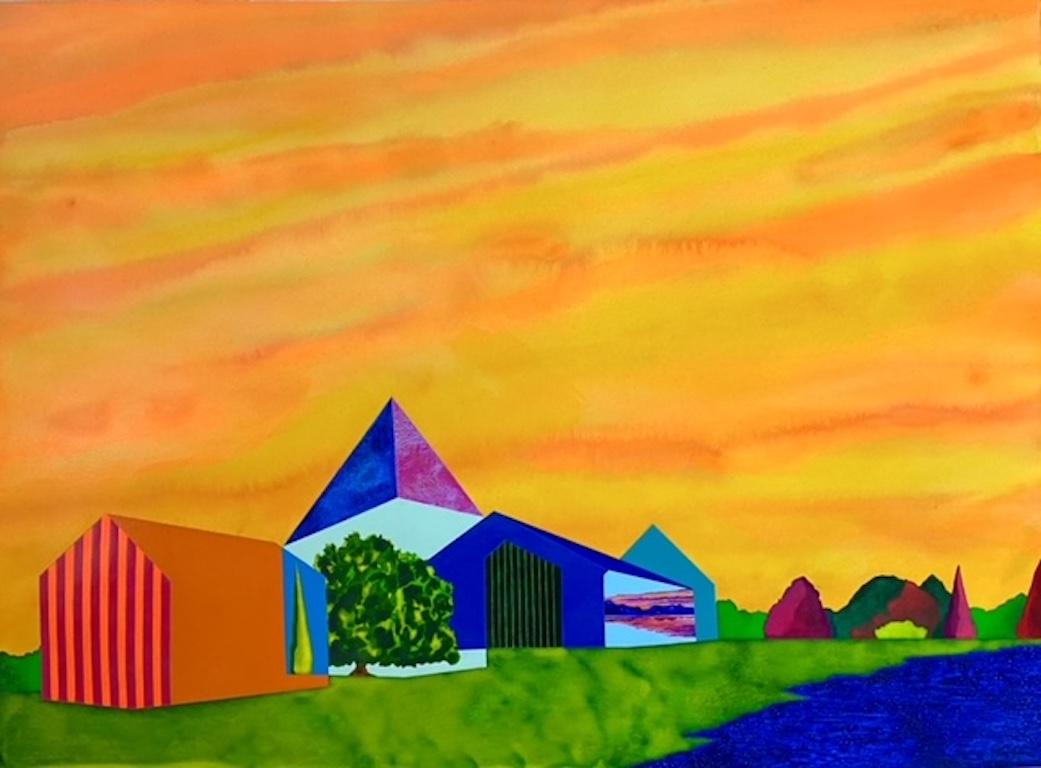 James Isherwood Landscape Painting - Coastal Stations, houses against orange yellow sky, surreal landscape