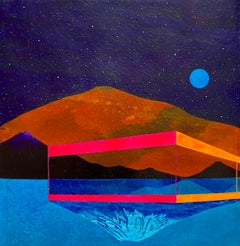Days End, architecture against multicolored mountain landscape, work on paper