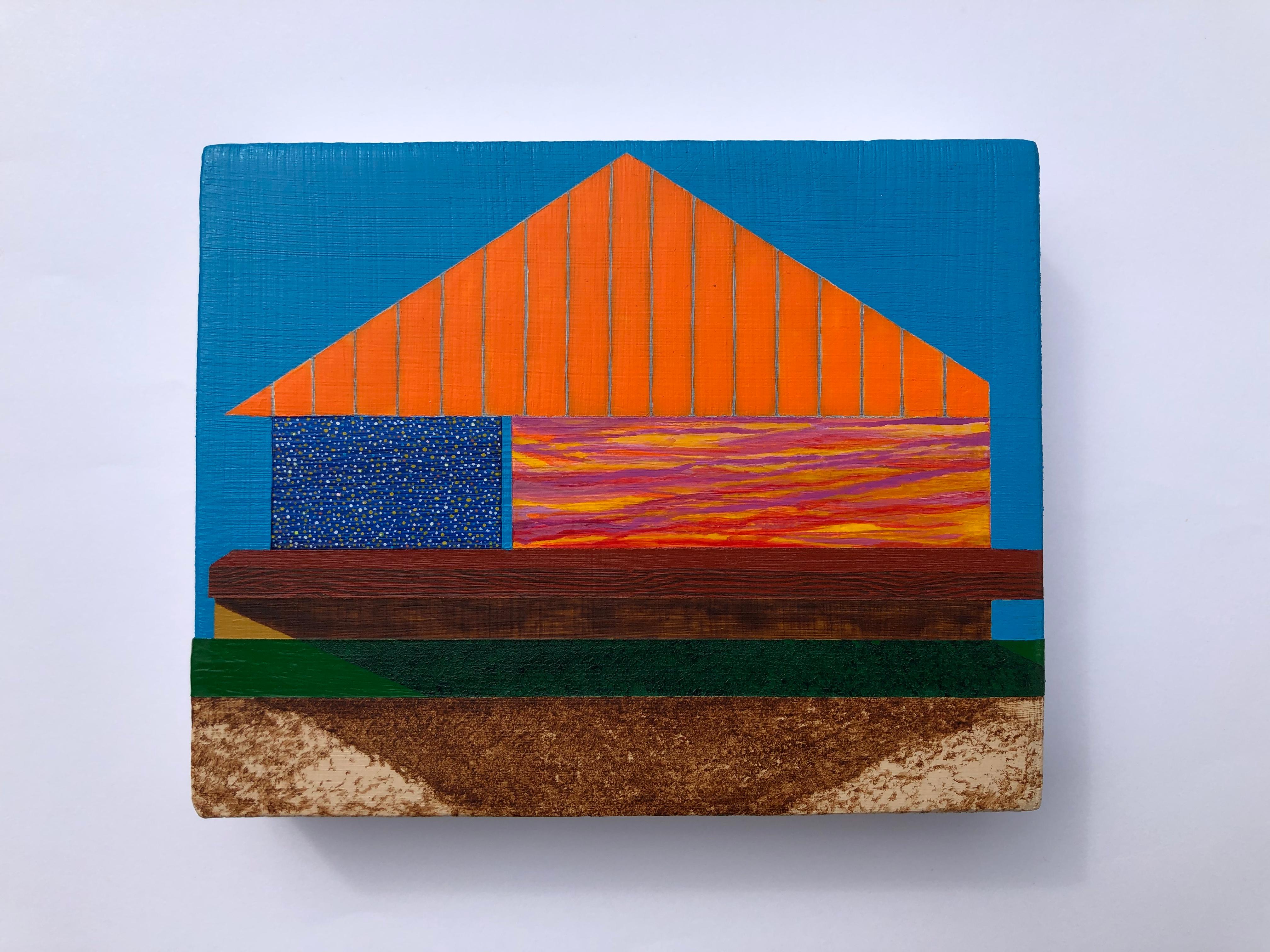 Days of Future Past, small architectural painting on panel, blue and orange - Painting by James Isherwood