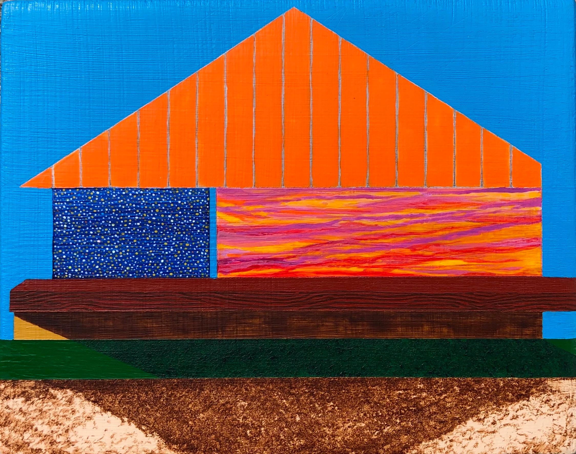 James Isherwood Interior Painting - Days of Future Past, small architectural painting on panel, blue and orange