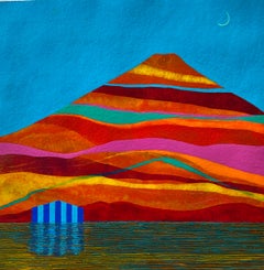 Echo, small house against multicolored mountain landscape, work on paper