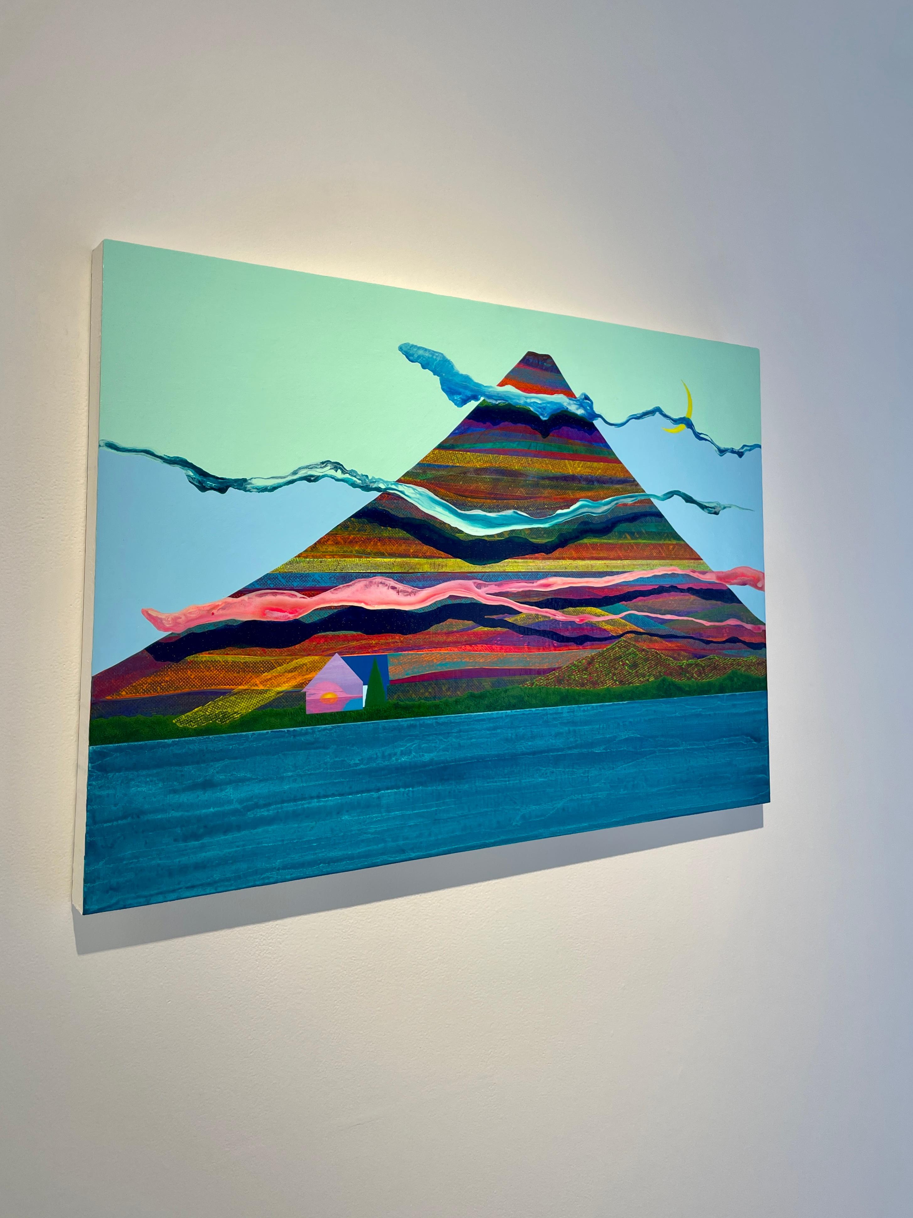 Empyrean, bright surrealistic painting of house against mountain, neon colors - Painting by James Isherwood