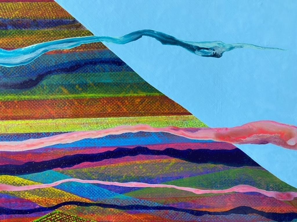 Empyrean, bright surrealistic painting of house against mountain, neon colors 2