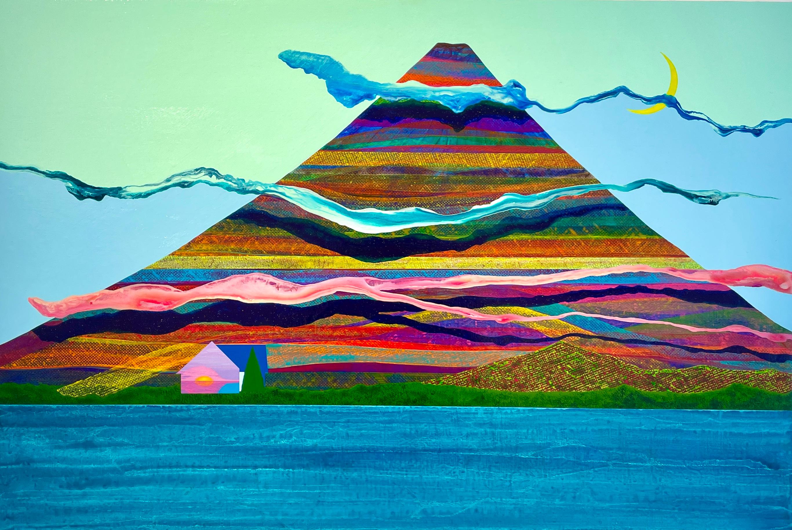 James Isherwood Figurative Painting - Empyrean, bright surrealistic painting of house against mountain, neon colors
