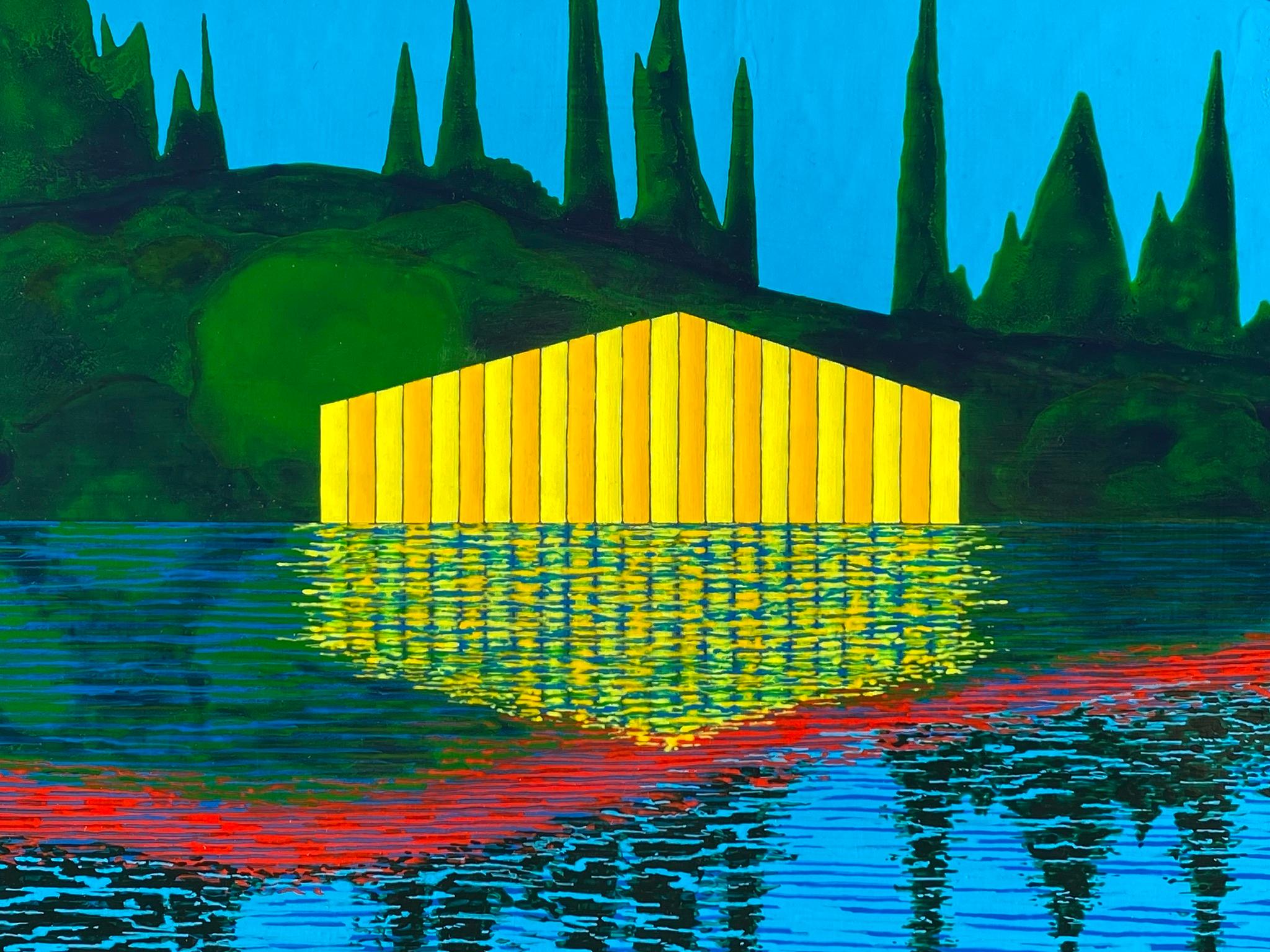 Equinox, bright acrylic painting on panel, house on the lake, mountain range - Painting by James Isherwood