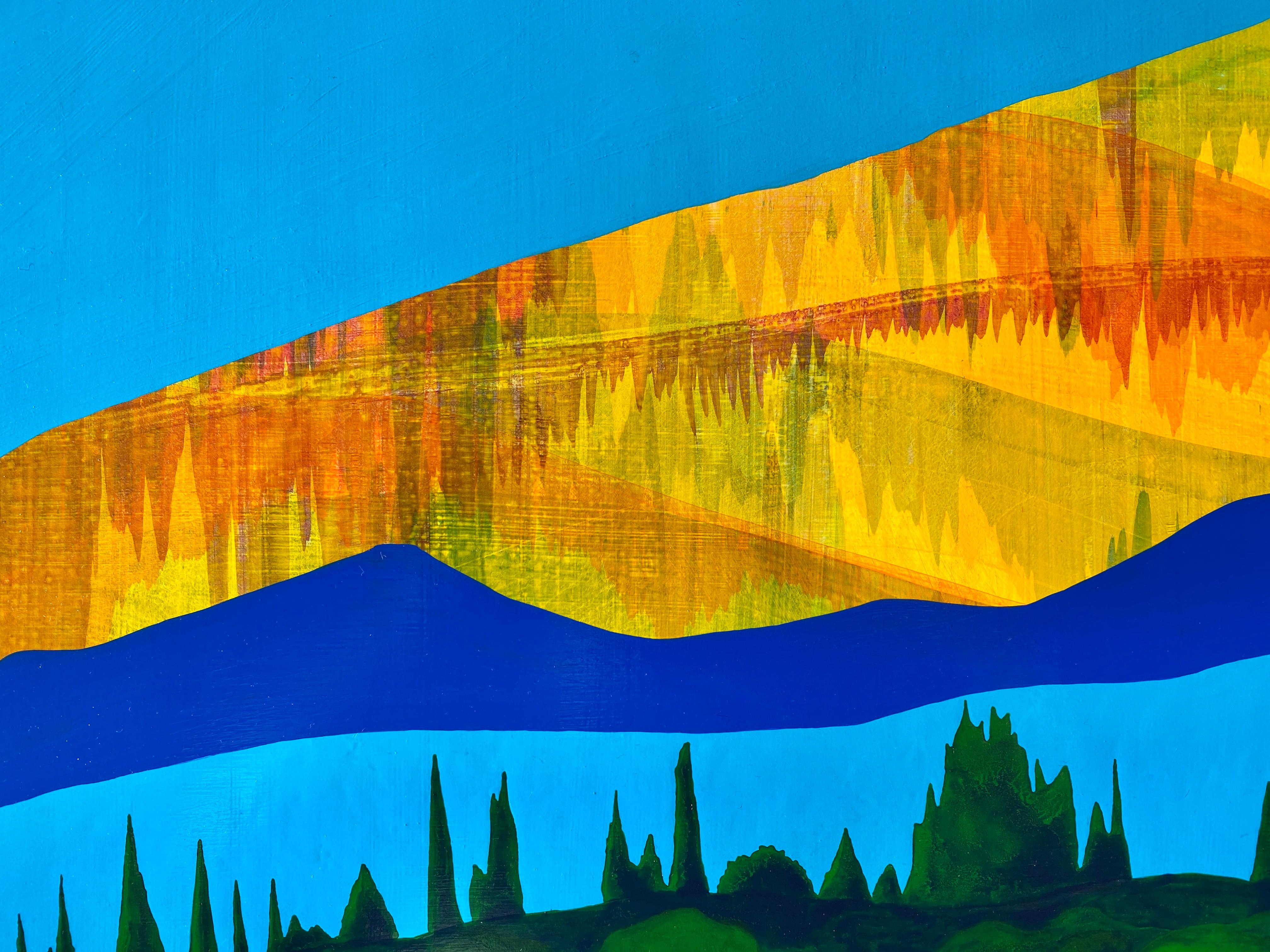 Equinox, bright acrylic painting on panel, house on the lake, mountain range - Contemporary Painting by James Isherwood