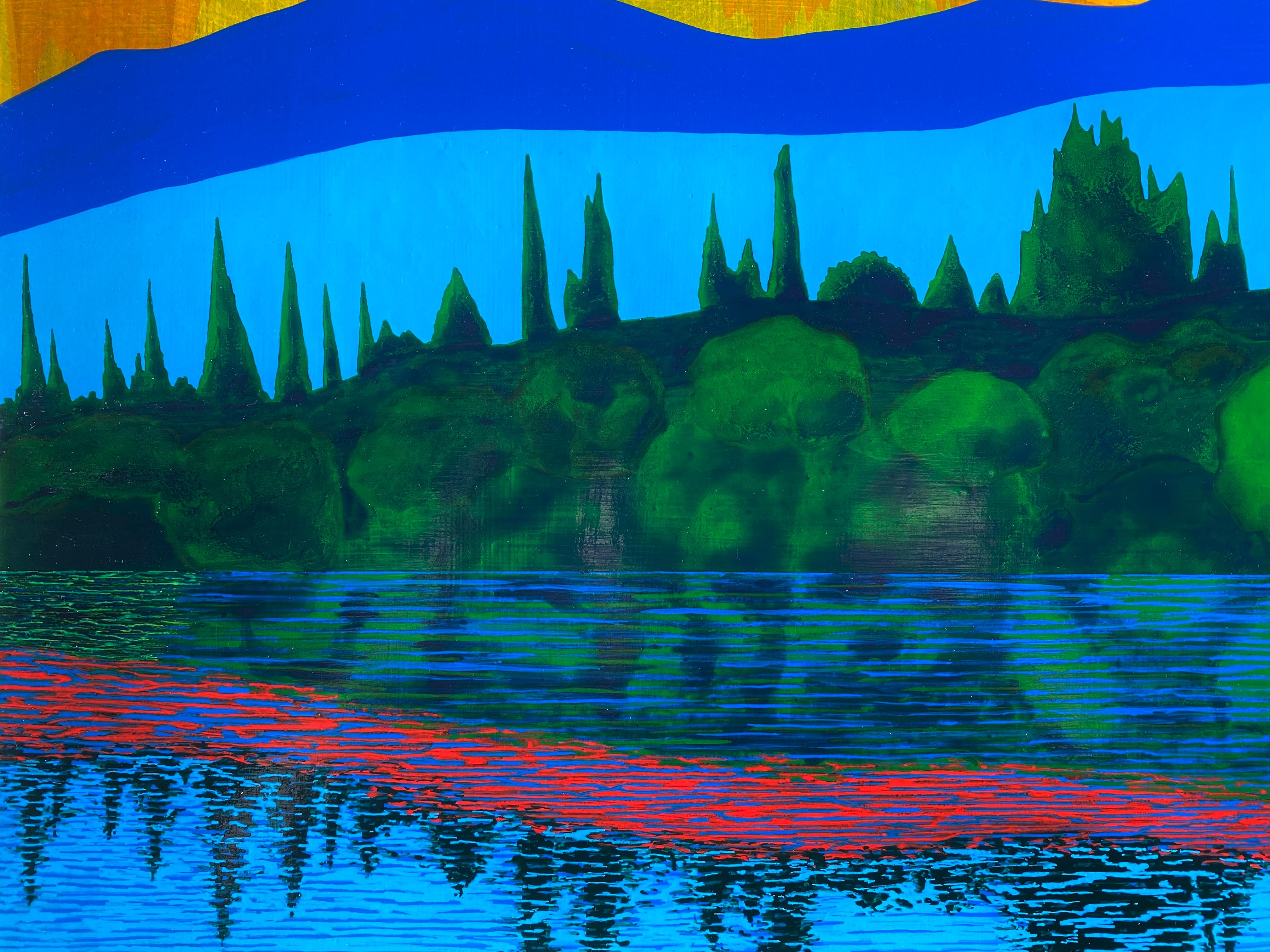 Equinox, bright acrylic painting on panel, house on the lake, mountain range - Blue Figurative Painting by James Isherwood
