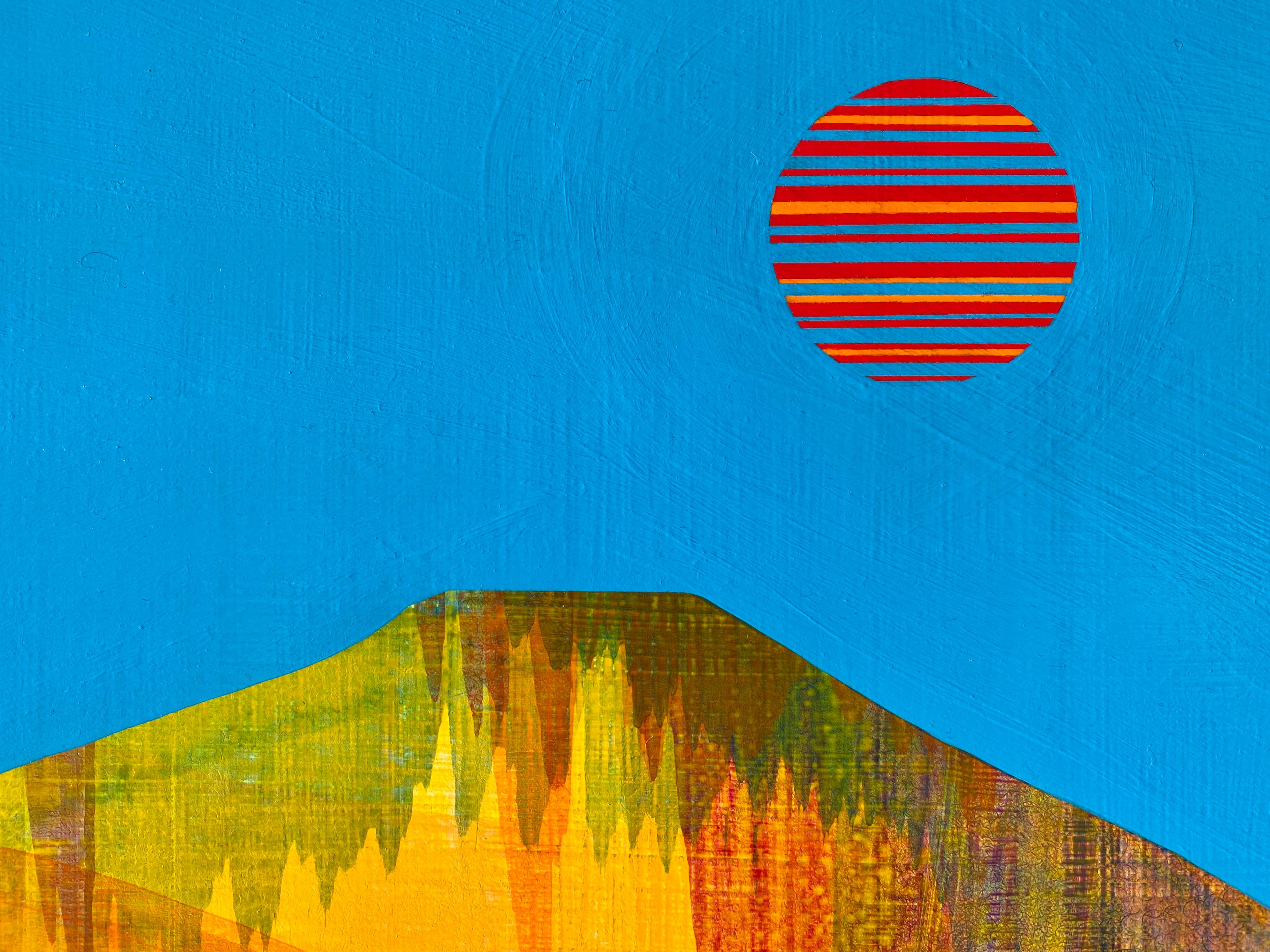 In James Isherwood’s recent landscapes, elements are rarely as expected. Skies are bright pink or yellow, the grass is not always green, and mountain ranges are kaleidoscopic. The artist has found a place where fantasy and reality merge to create a