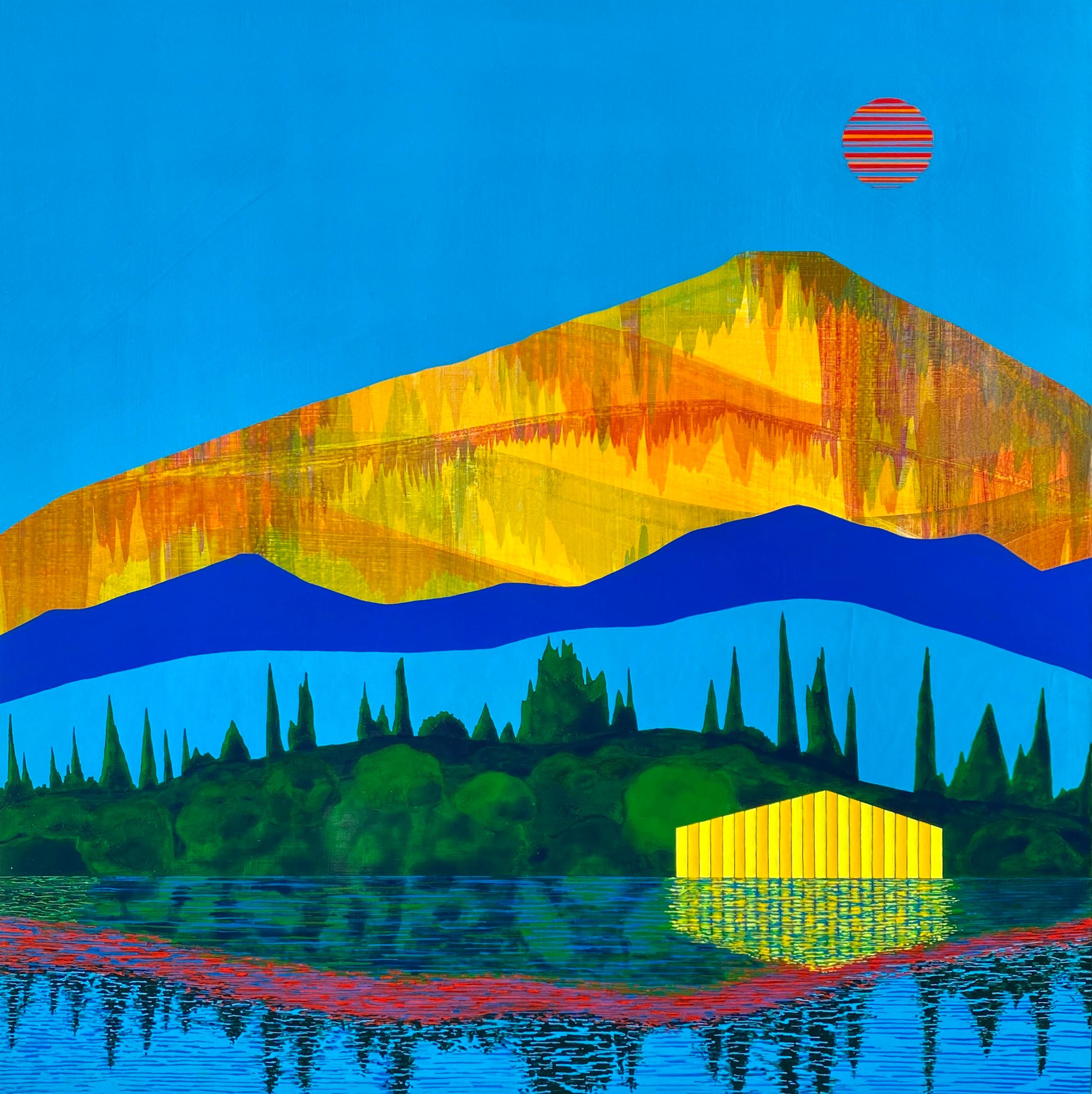James Isherwood Figurative Painting - Equinox, bright acrylic painting on panel, house on the lake, mountain range