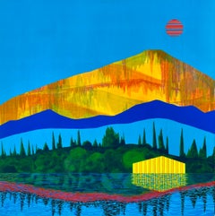 Equinox, bright acrylic painting on panel, house on the lake, mountain range